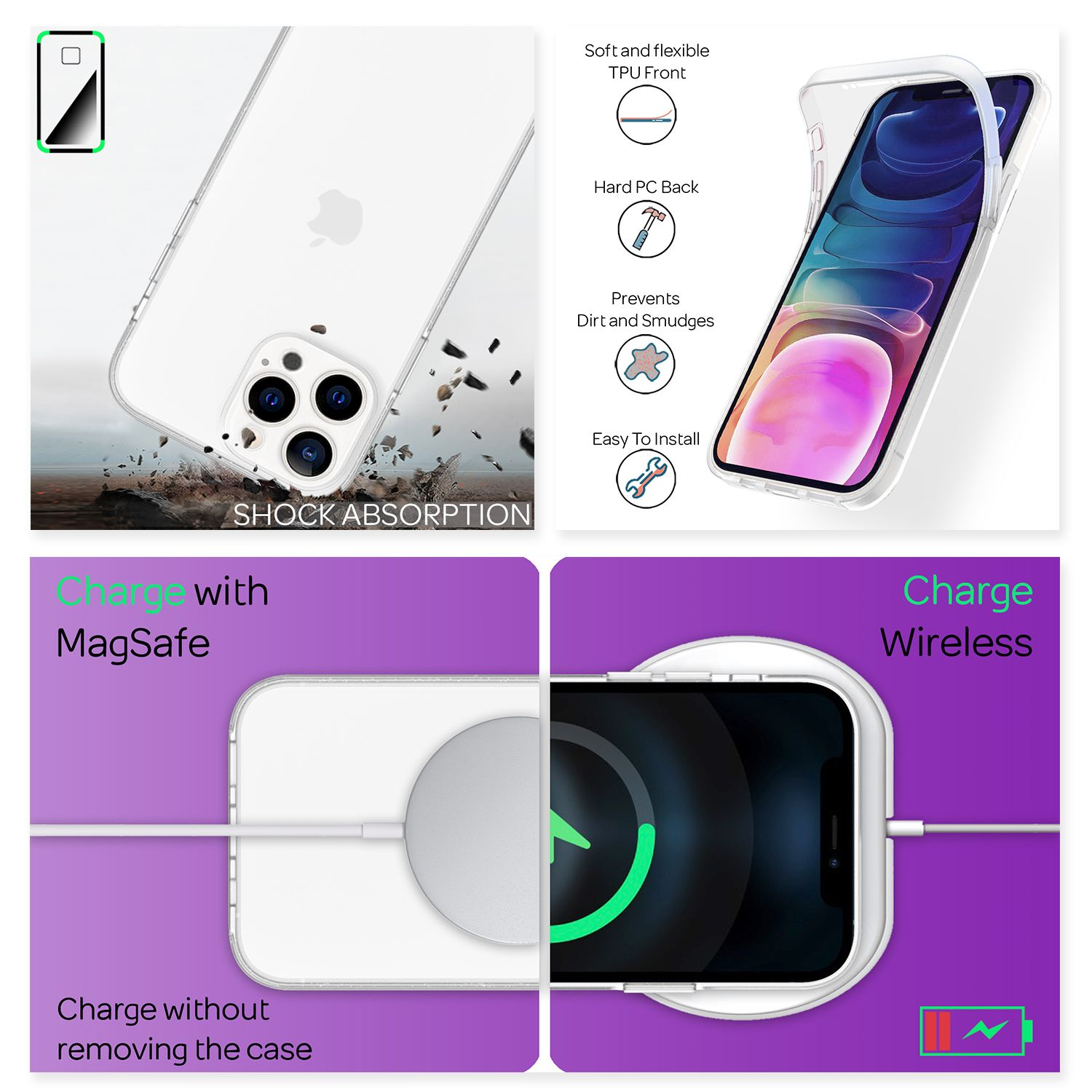 Transparente Handyhülle mit Telefon. Bilder zeigen Stoßdämpfung und kabelloses Laden.