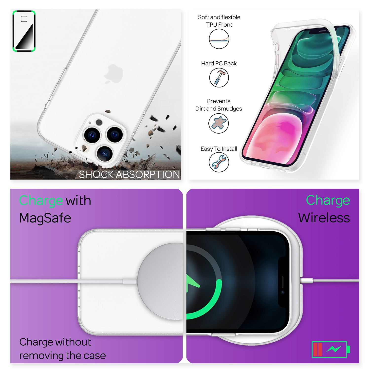 Handyhülle mit Telefon, zeigt MagSafe und kabellose Ladeoptionen.