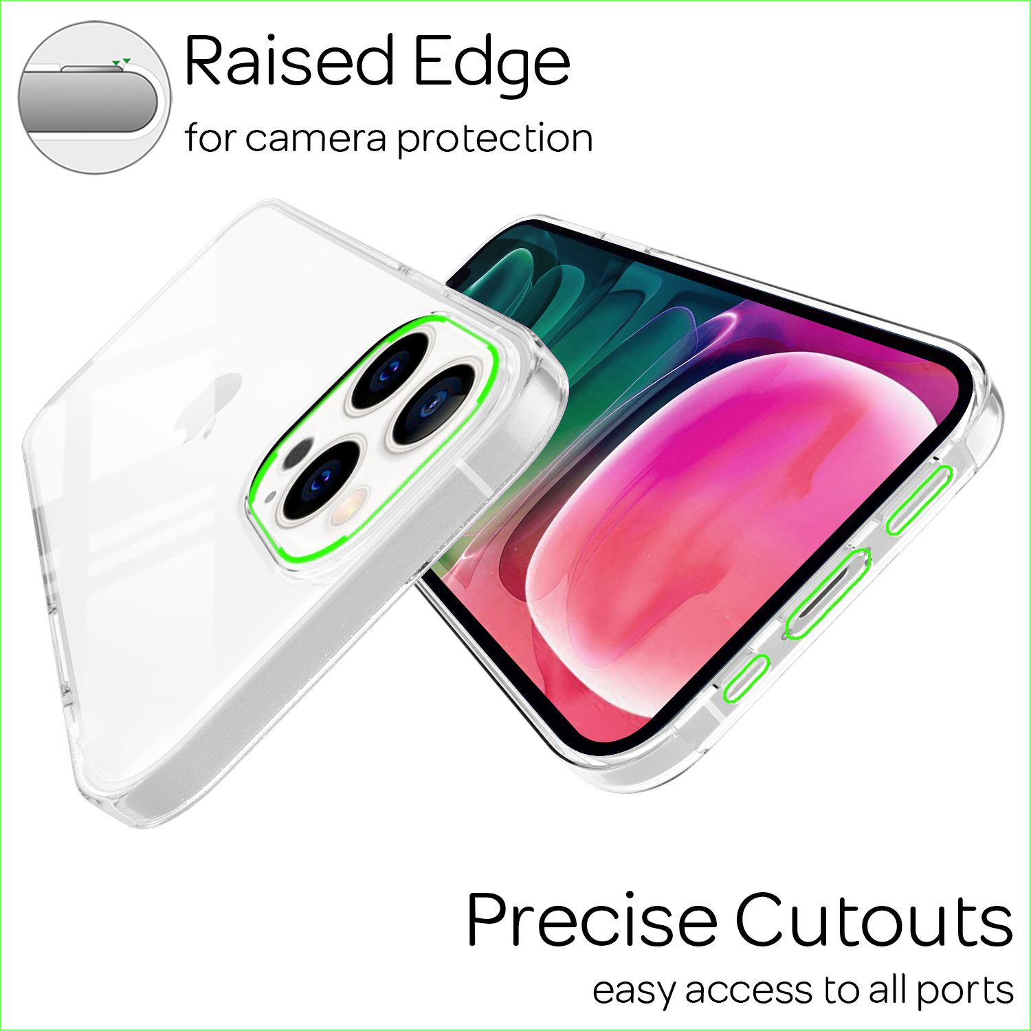 Eine transparente Handyhülle mit grünem Rand, die ein Telefon zeigt.