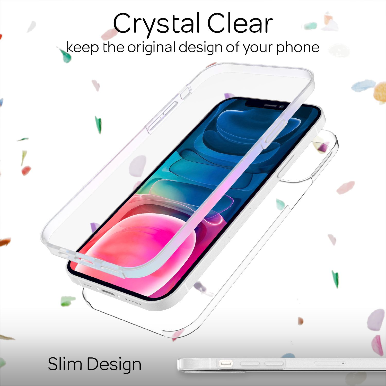 Ein Telefon in einer transparenten Hülle. Die Hülle ist geöffnet, das Telefon ist sichtbar. Text: 'Crystal Clear'.