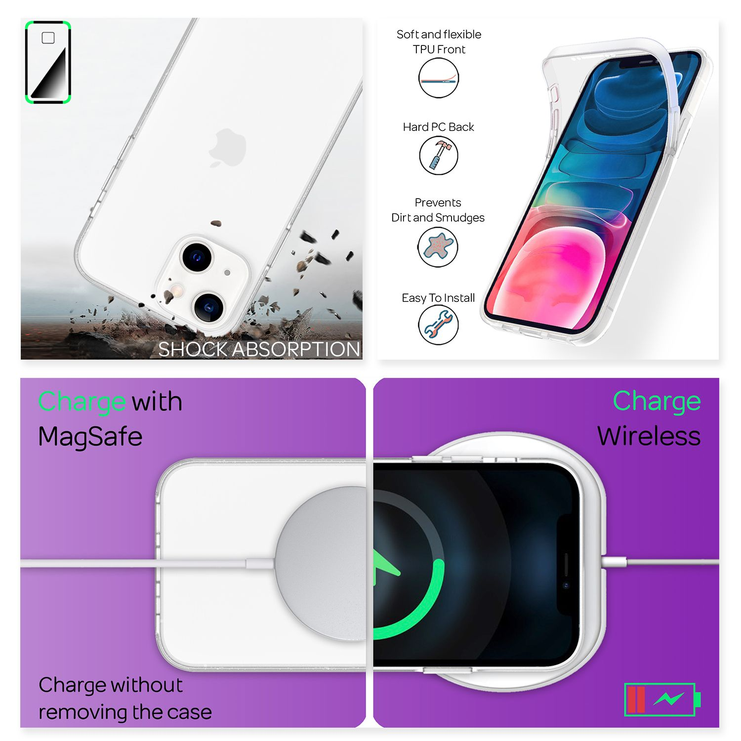 Klare Handyhülle auf Telefon. Zeigt MagSafe und kabelloses Laden.