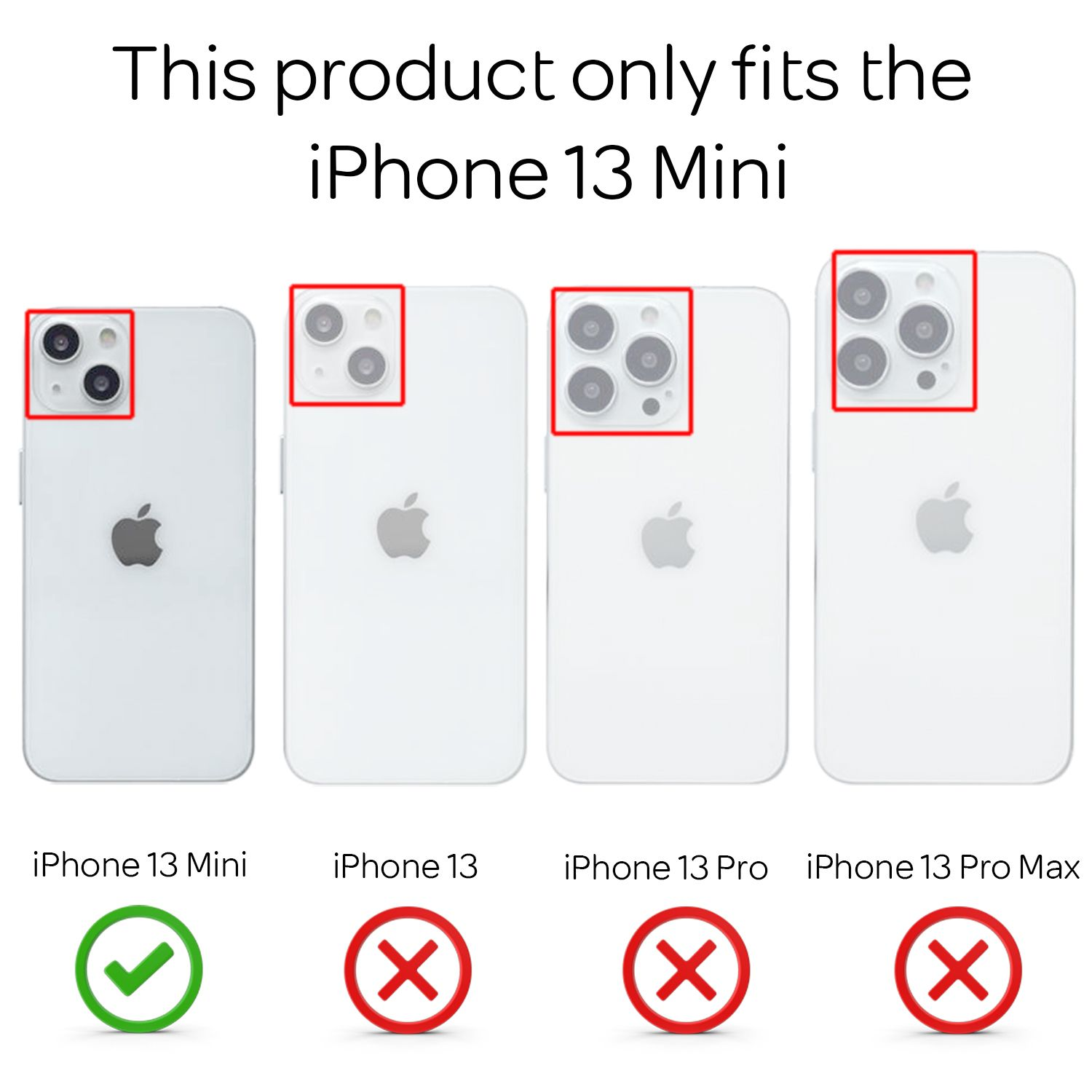 Vier weiße iPhones mit unterschiedlichen Kameraanordnungen. Text besagt, dass das Produkt nur für das iPhone 13 Mini passt.