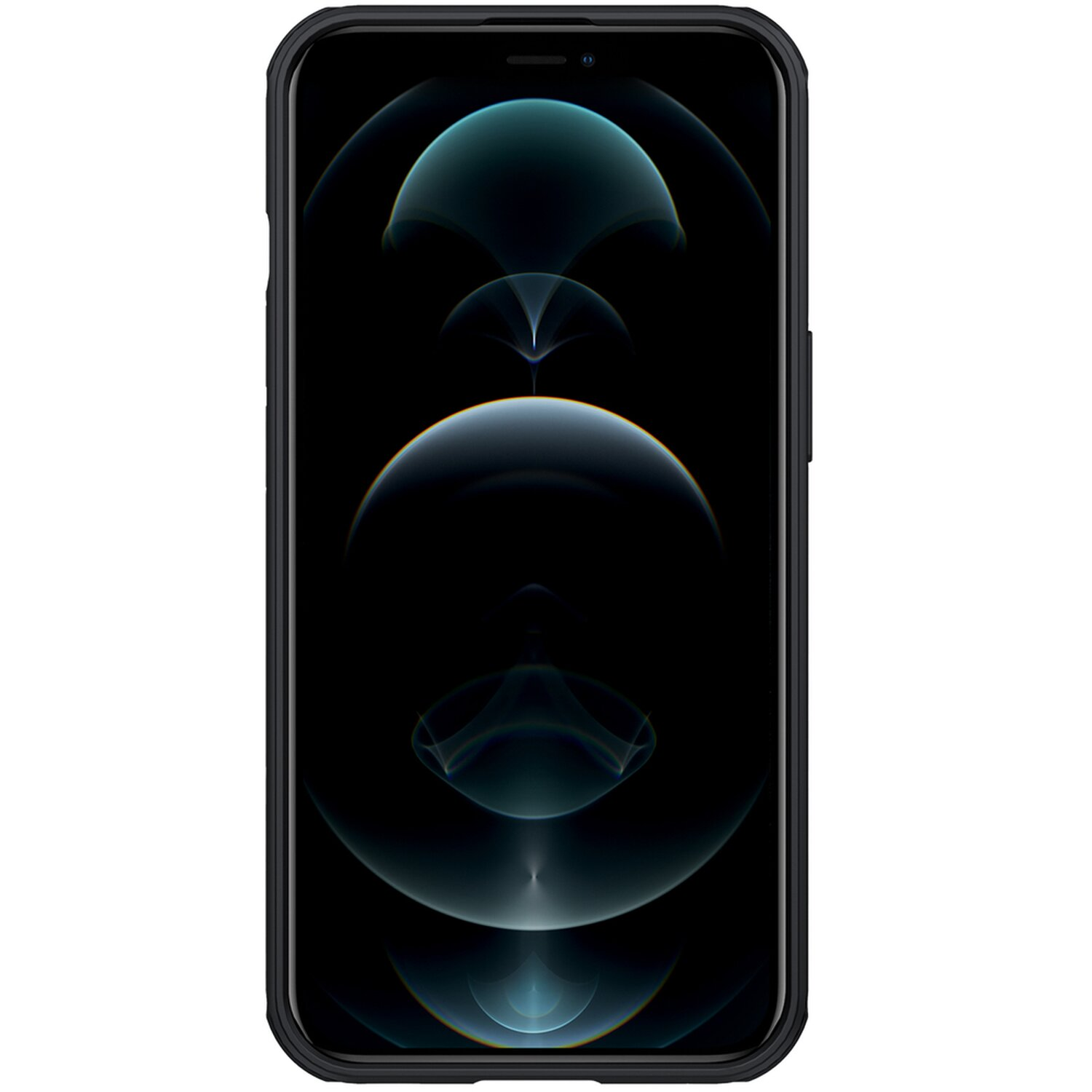 Smartphone mit schwarzem Gehäuse, Nahaufnahme des Bildschirms und der Kamera.