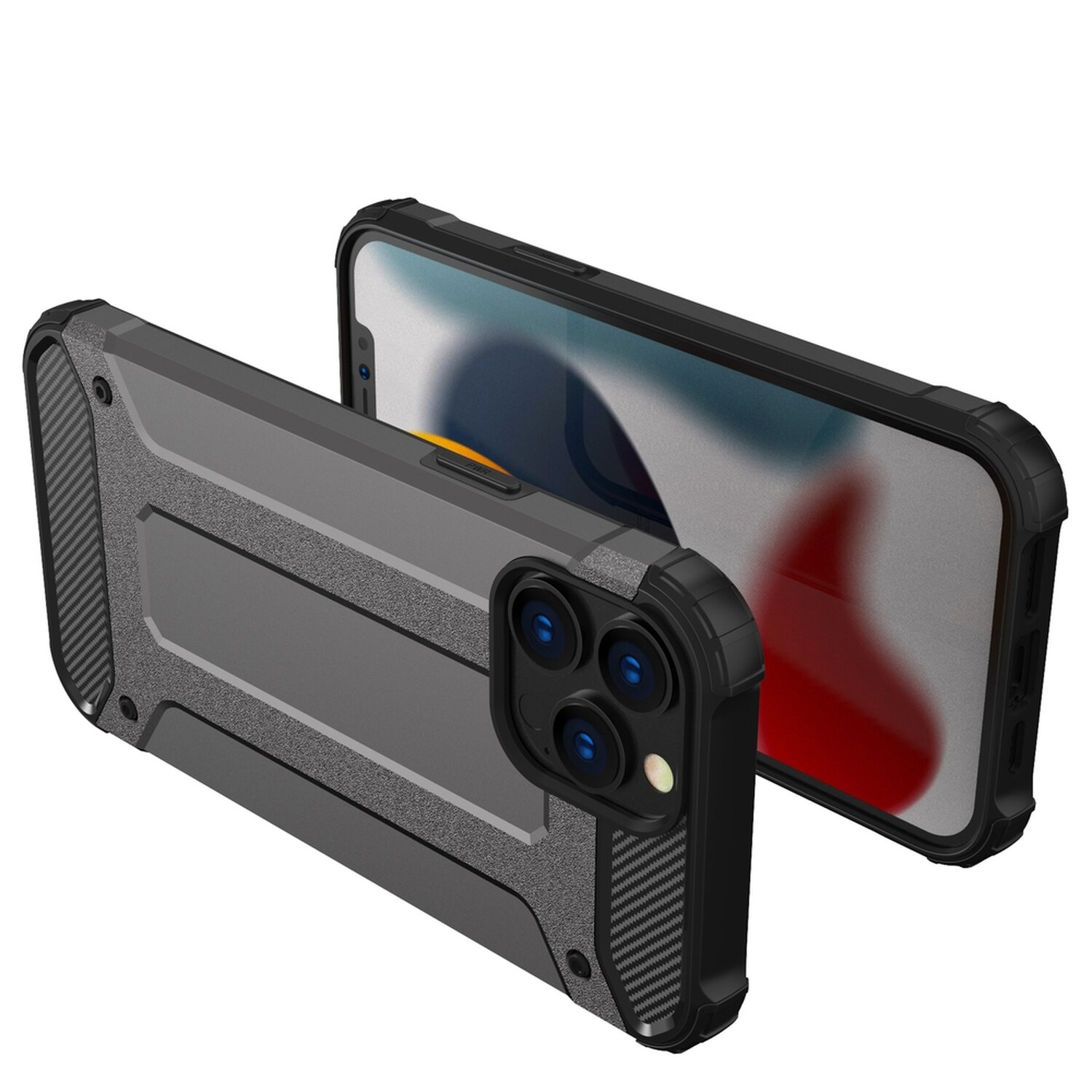 Zwei Handyhüllen, eine auf einem Telefon, zeigen ein grau-schwarzes Design mit strukturierter Oberfläche.