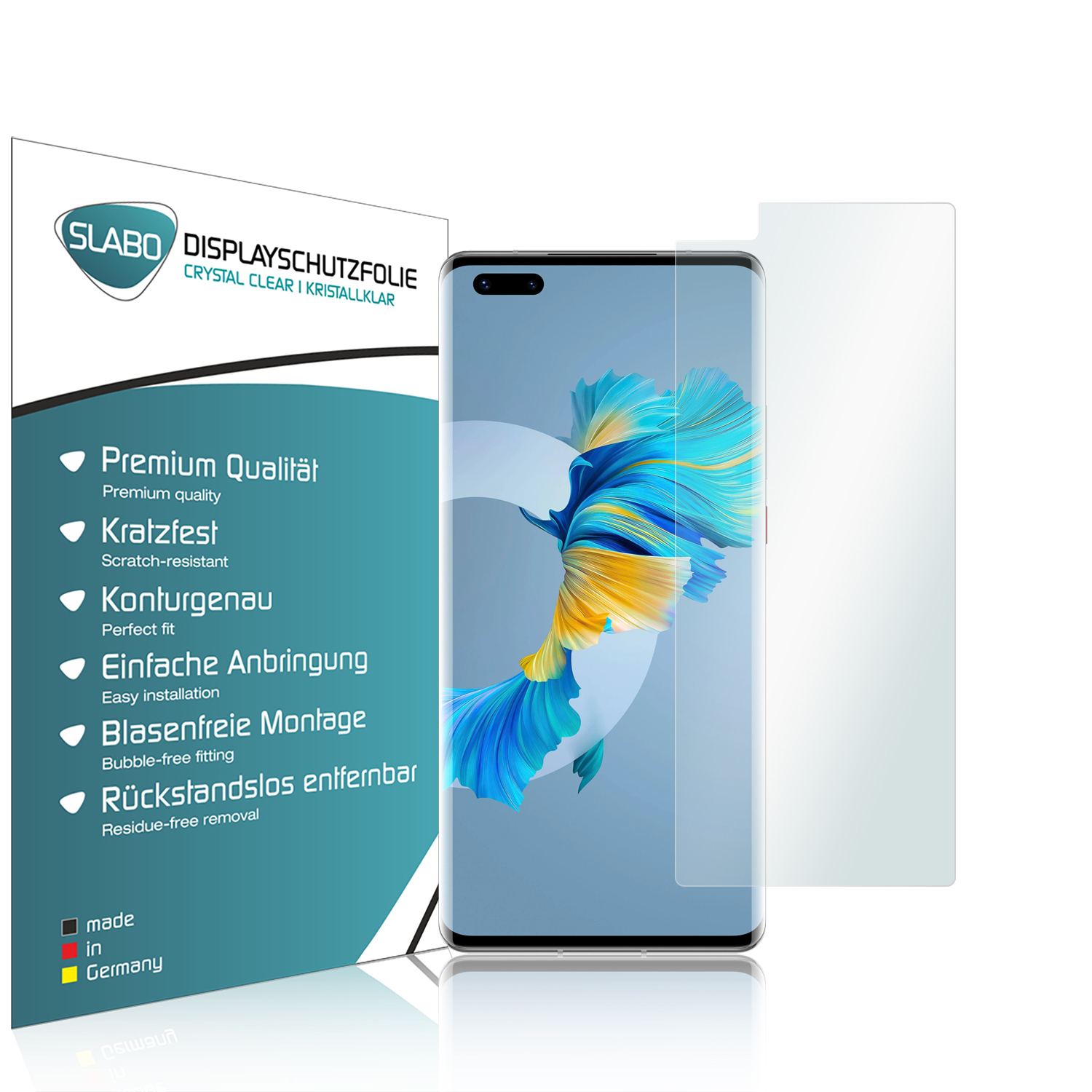 Telefon mit Displayschutzfolie. Text links: Premium Qualität, Kratzfest, Passgenau.