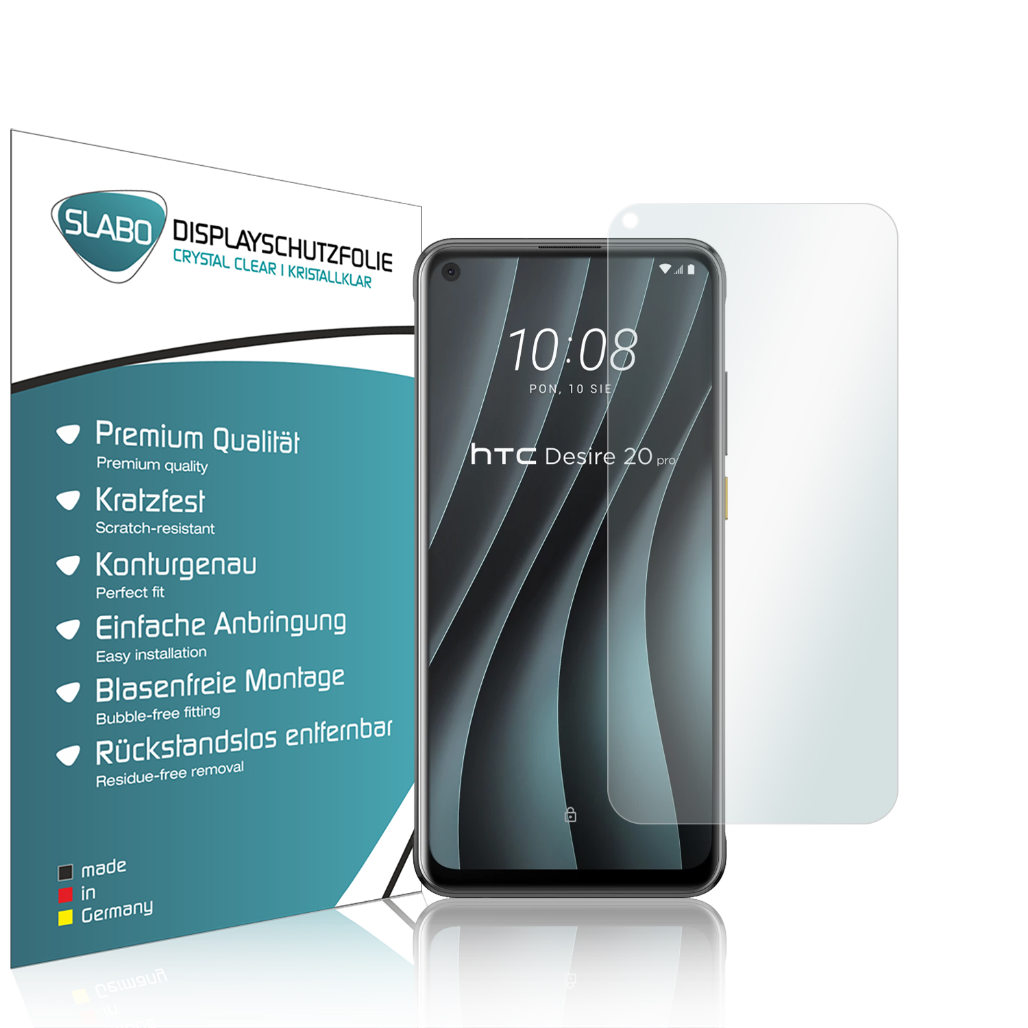 Ein Telefon und eine Displayschutzfolienbox. Das Telefon zeigt die Uhrzeit und das HTC-Logo.