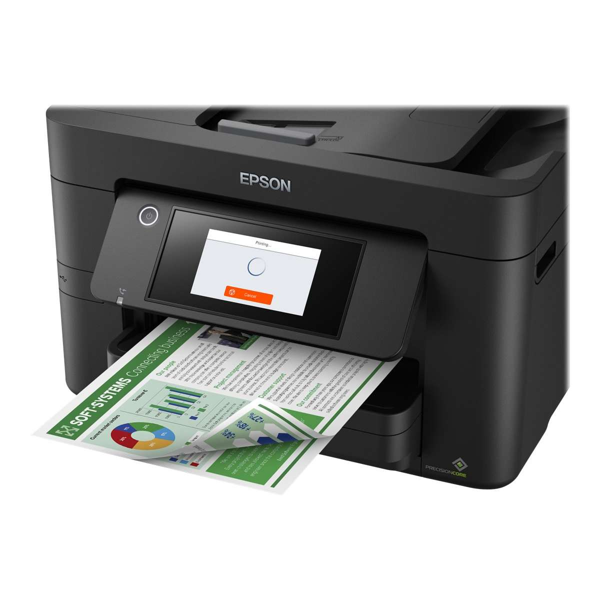 Czarna drukarka Epson drukuje dokument. Ekran pokazuje 'drukowanie'.