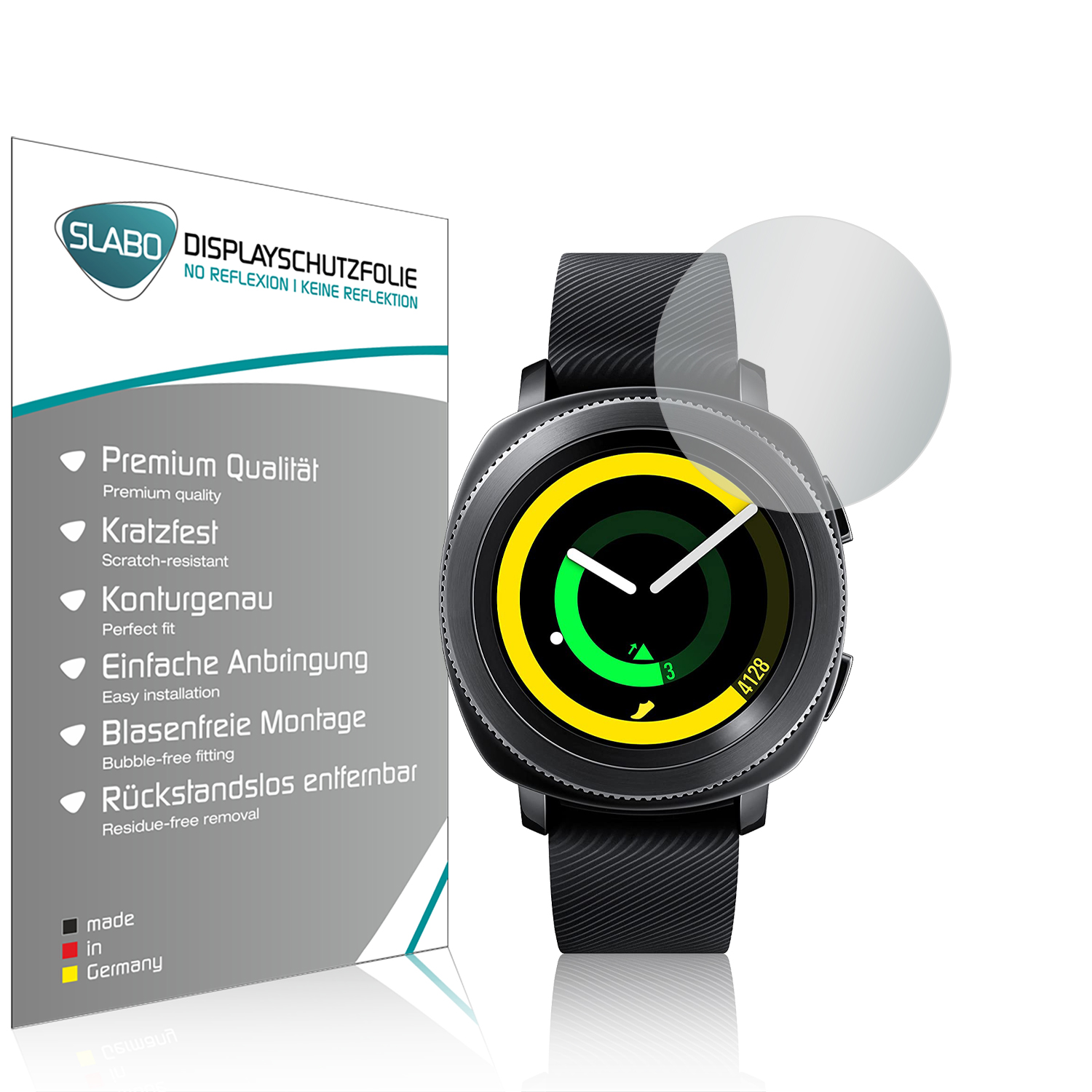 Smartwatch und Displayschutzfolien-Kit. Das Zifferblatt zeigt gelbe und grüne Details. Weißer Hintergrund.