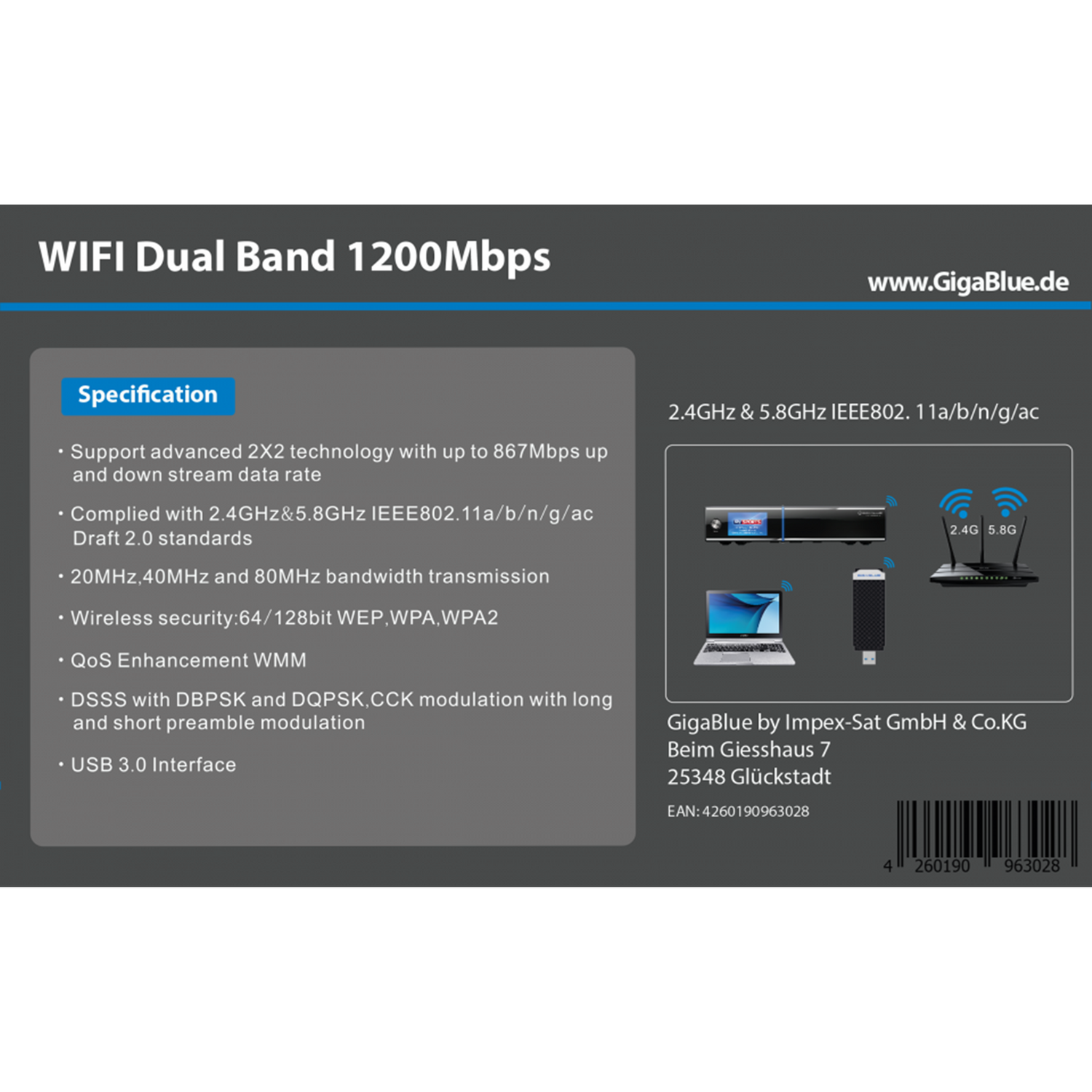Dual WIFI adapter BAnd USB 1200Mbps WLAN GIGABLUE