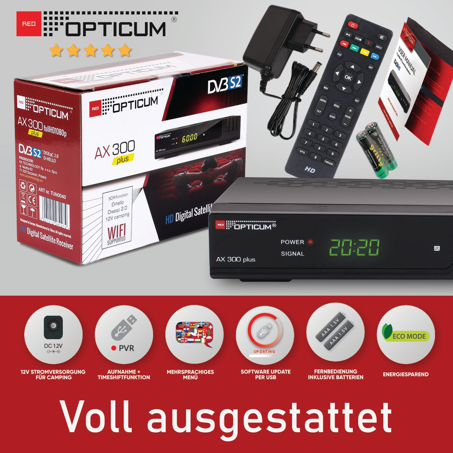 RED OPTICUM AX schwarz) DVB-S DVB-S2, 300 1080p Satelliten-Receiver Receiver Receiver Sat PVR Plus PVR-Funktion, - DVB-S, Digitaler HD (HDTV, USB-schwarz mit I -HDMI-SCART HD