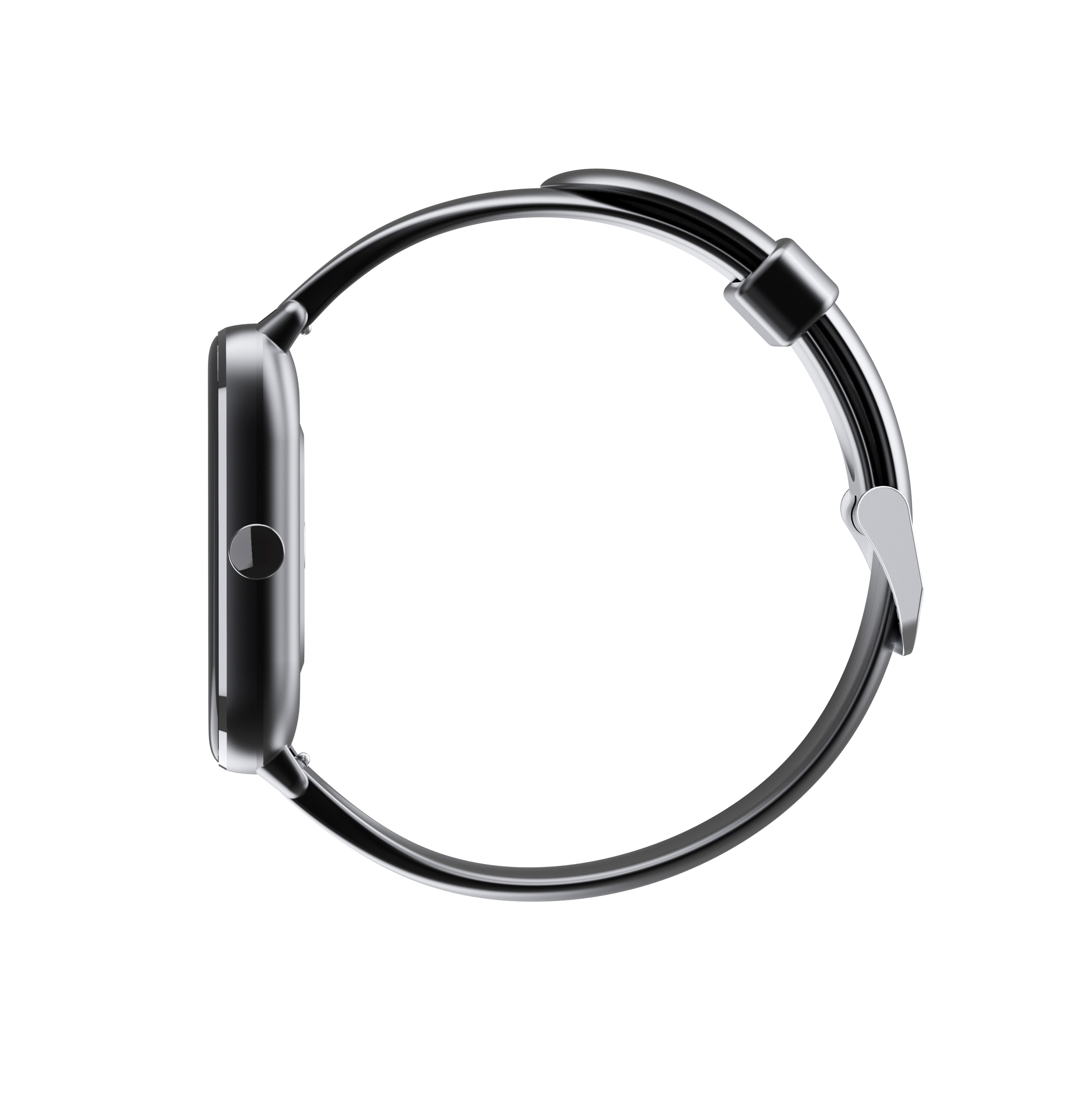 Silberne Smartwatch mit schwarzem Armband. Die Uhr ist von der Seite zu sehen.