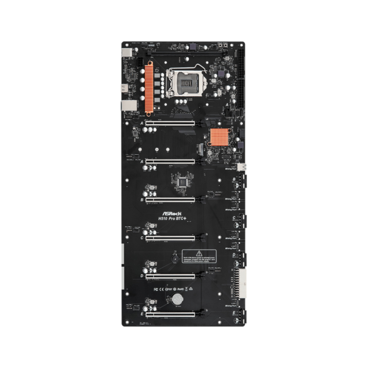 Una scheda madre ASRock H510 Pro BTC+ nera. Dispone di vari slot, connettori e componenti arancioni e neri su sfondo bianco.