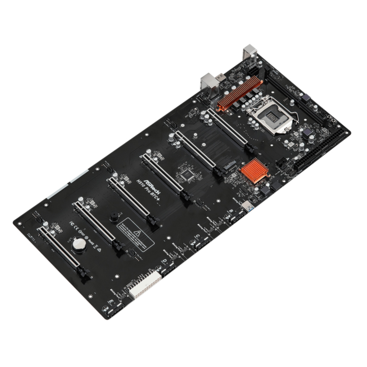 Scheda madre ASRock H510 Pro BTC+ nera con dissipatori di calore in rame e vari componenti. Sfondo bianco.