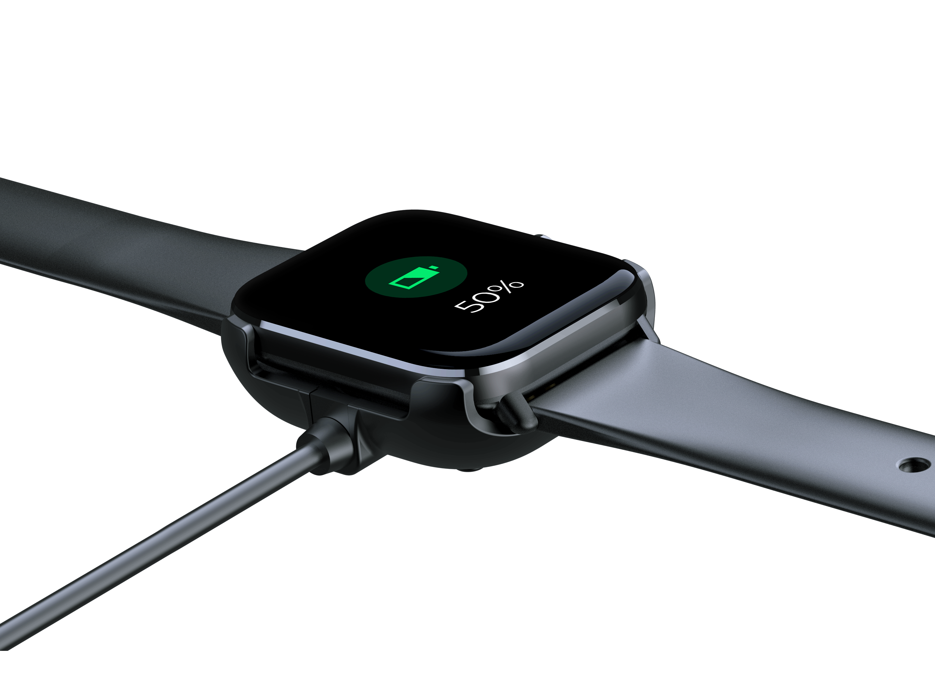 Eine Smartwatch, die auf einer schwarzen Oberfläche aufgeladen wird und 50 % Ladung anzeigt.