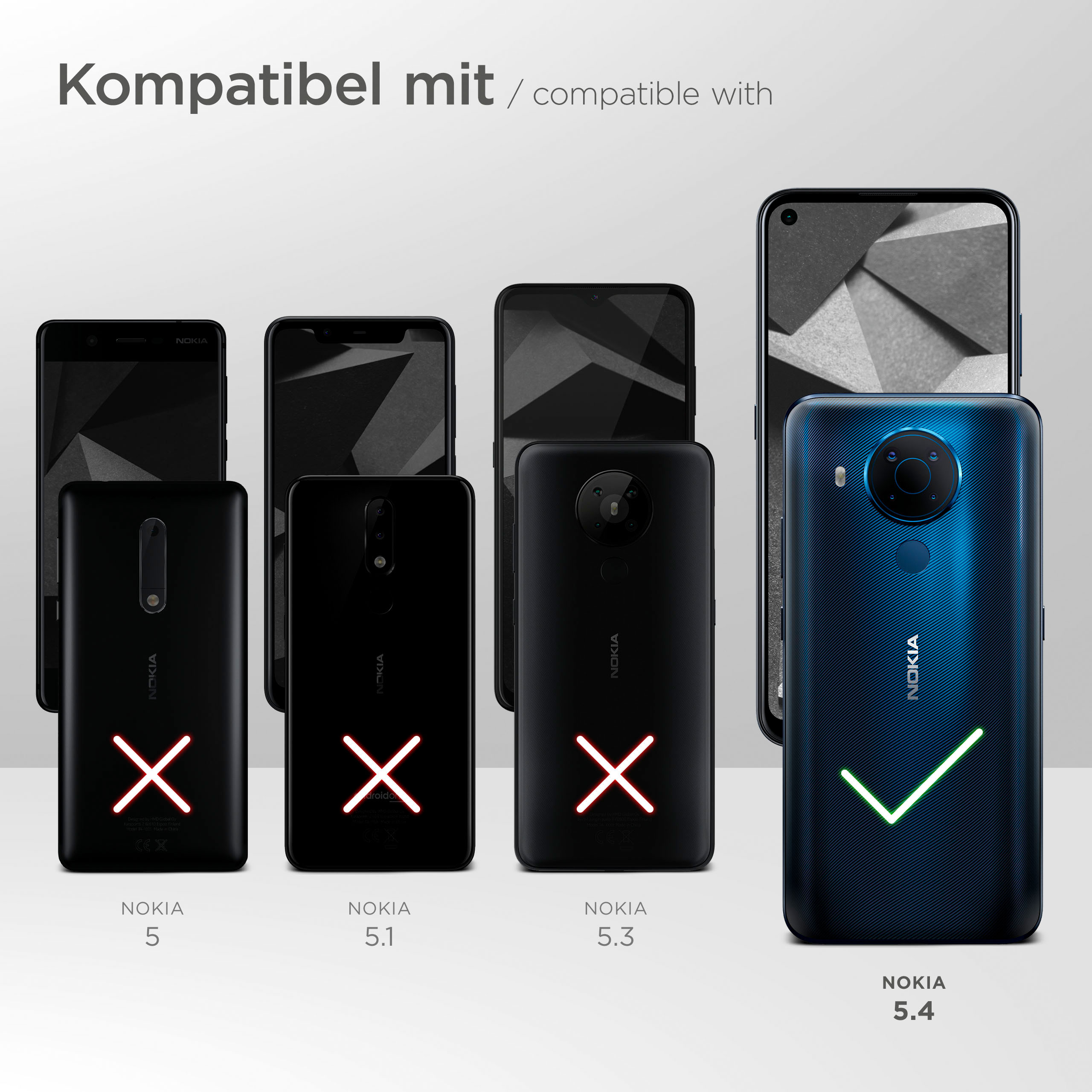 Sechs schwarze Telefone mit Nokia-Branding. Drei haben rote Xs. Eines hat einen grünen Haken.