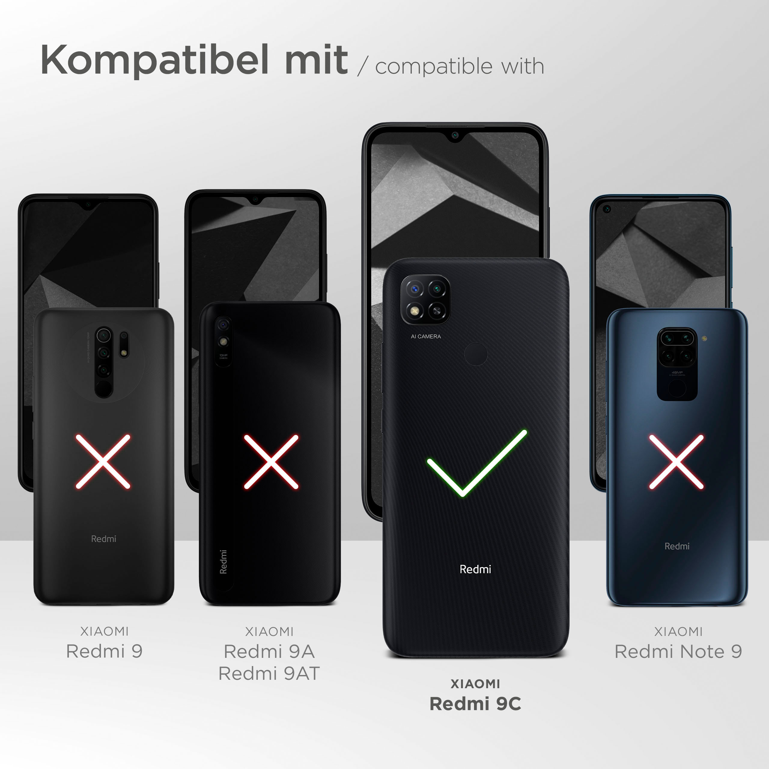 Smartphones mit Kompatibilitäts-Checkmarken und Kreuzen, mit Telefonmodellen aufgelistet.