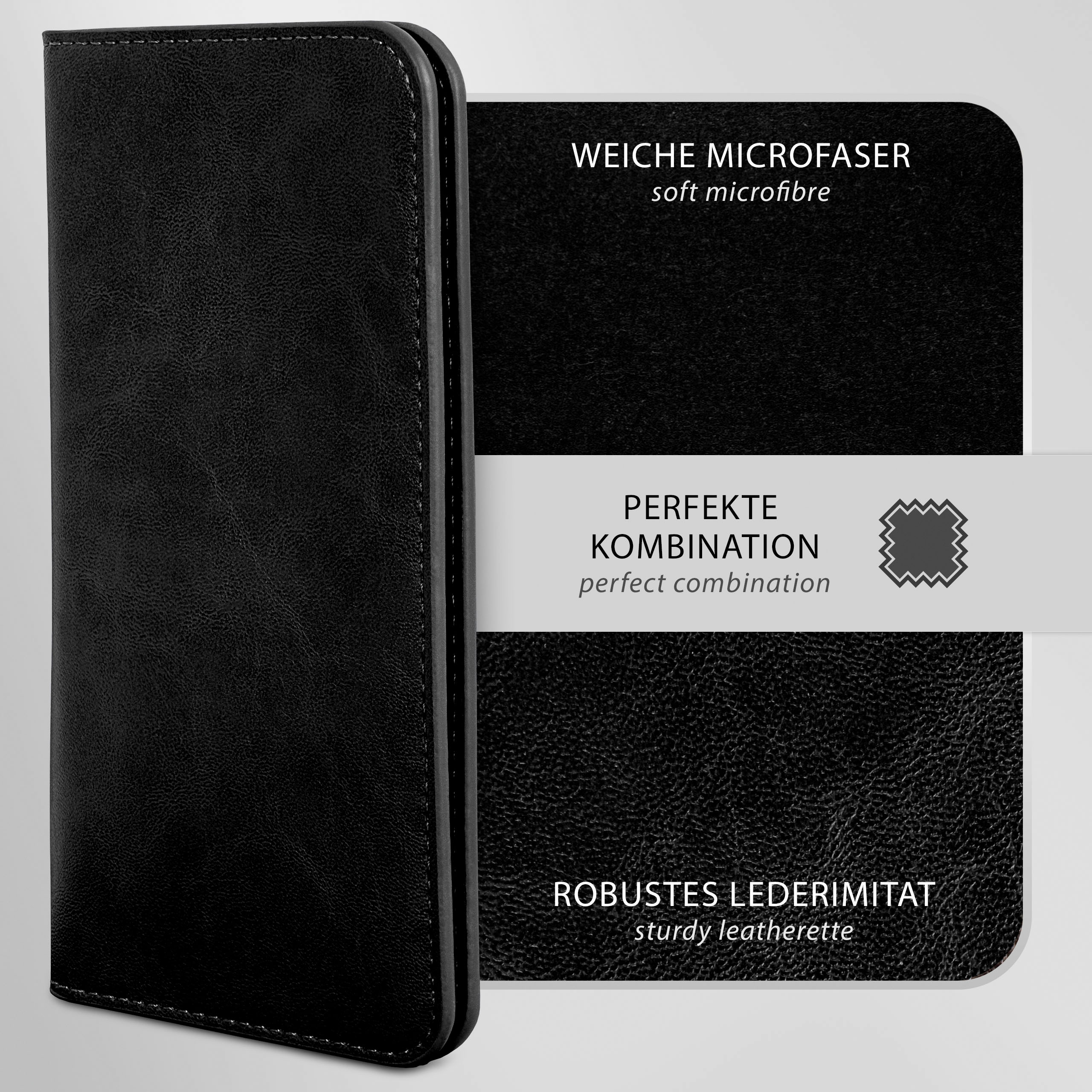 Schwarze Leder-Handyhülle. Weiche Mikrofaser und robustes Kunstleder.
