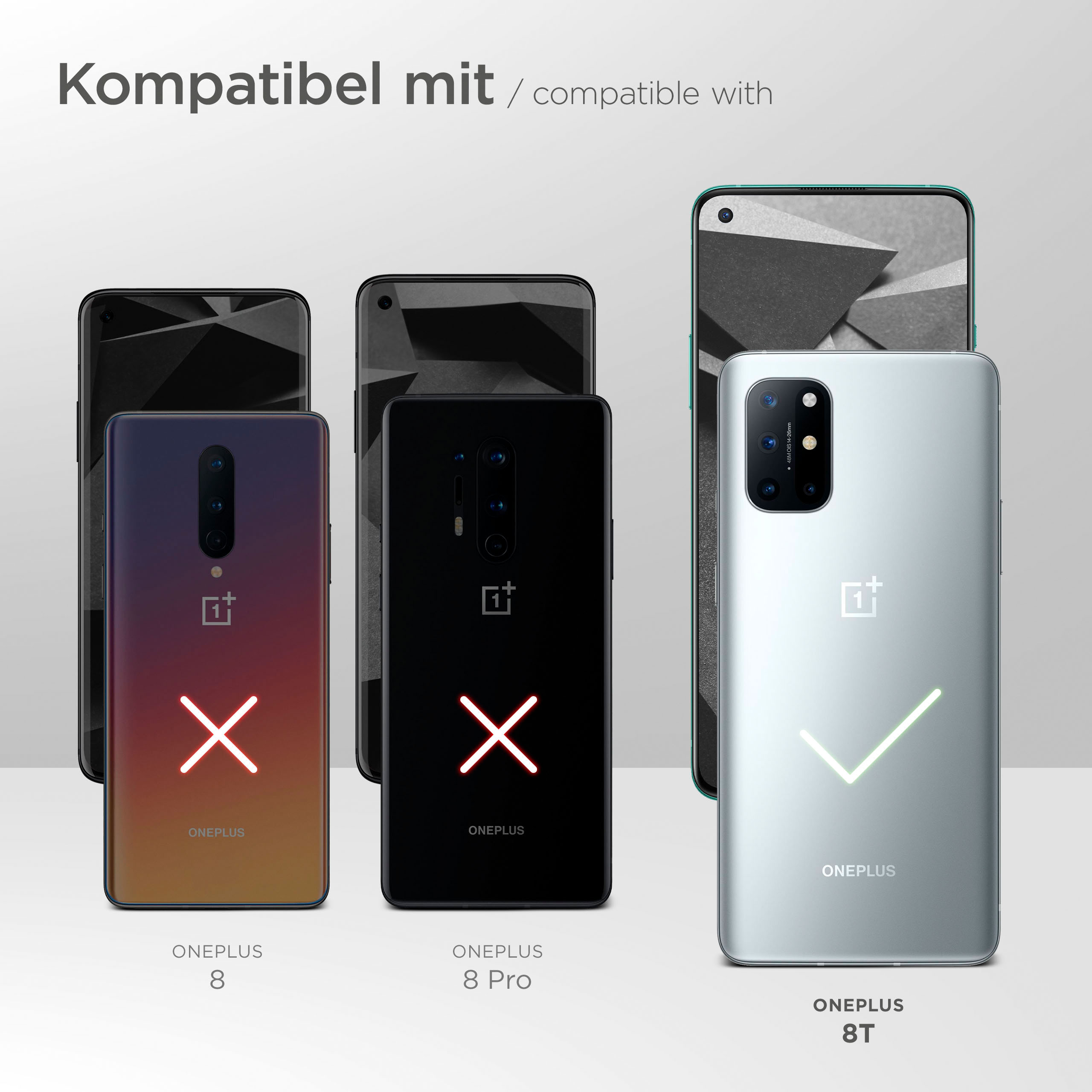 OnePlus-Telefone mit 'X' und Häkchen. Kompatibel mit 8T, nicht mit 8 und 8 Pro.
