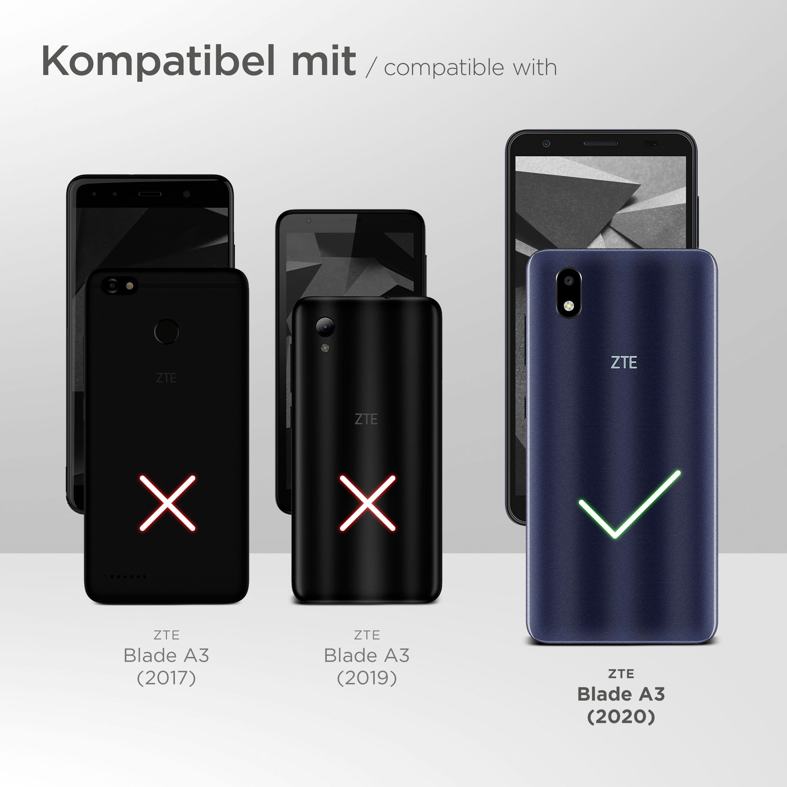 Drei Telefone, wobei das kompatible Telefon rechts ist und die anderen beiden nicht kompatibel sind.