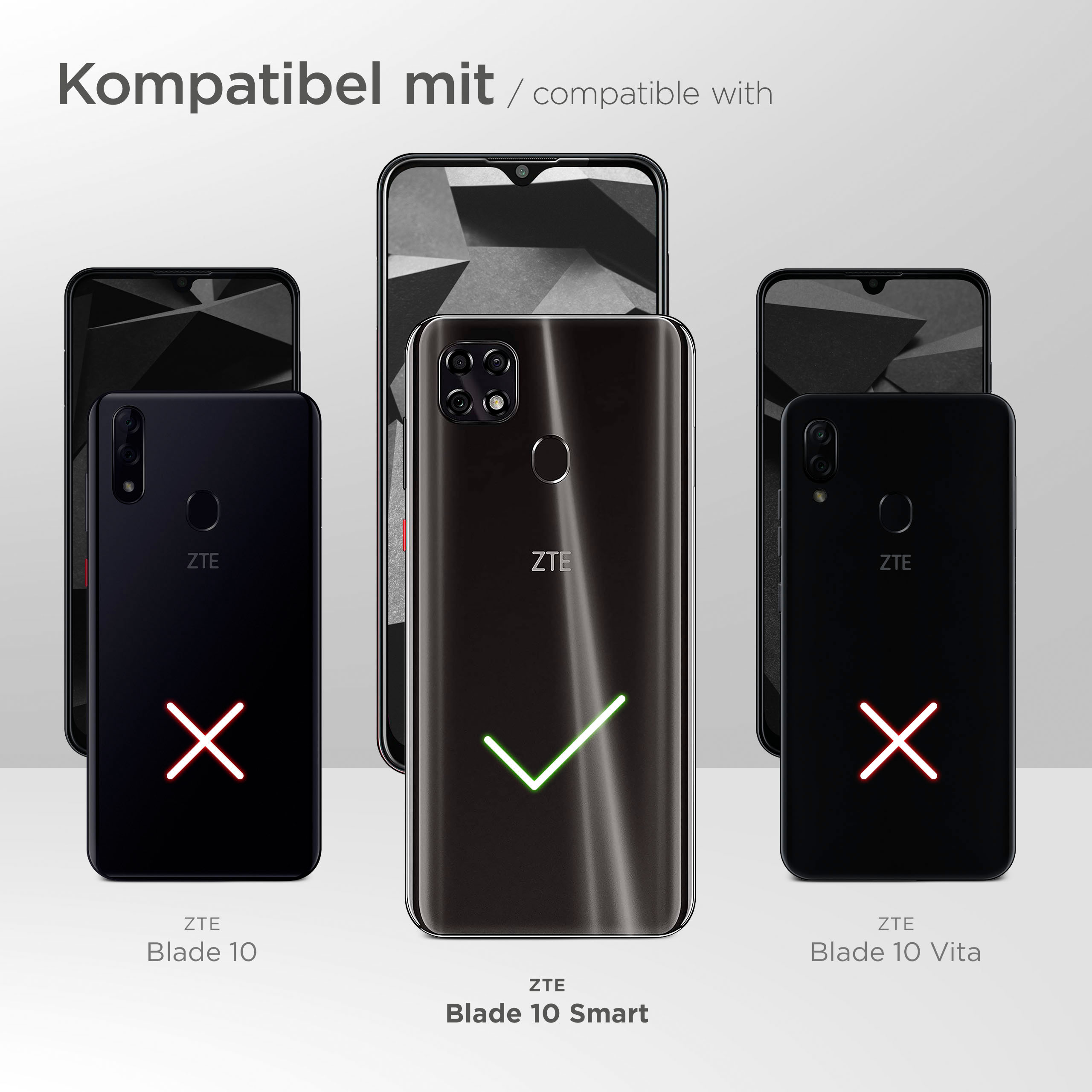 Drei Telefone, eines in einer Hülle, mit Häkchen und Kreuzen zur Angabe der Kompatibilität.