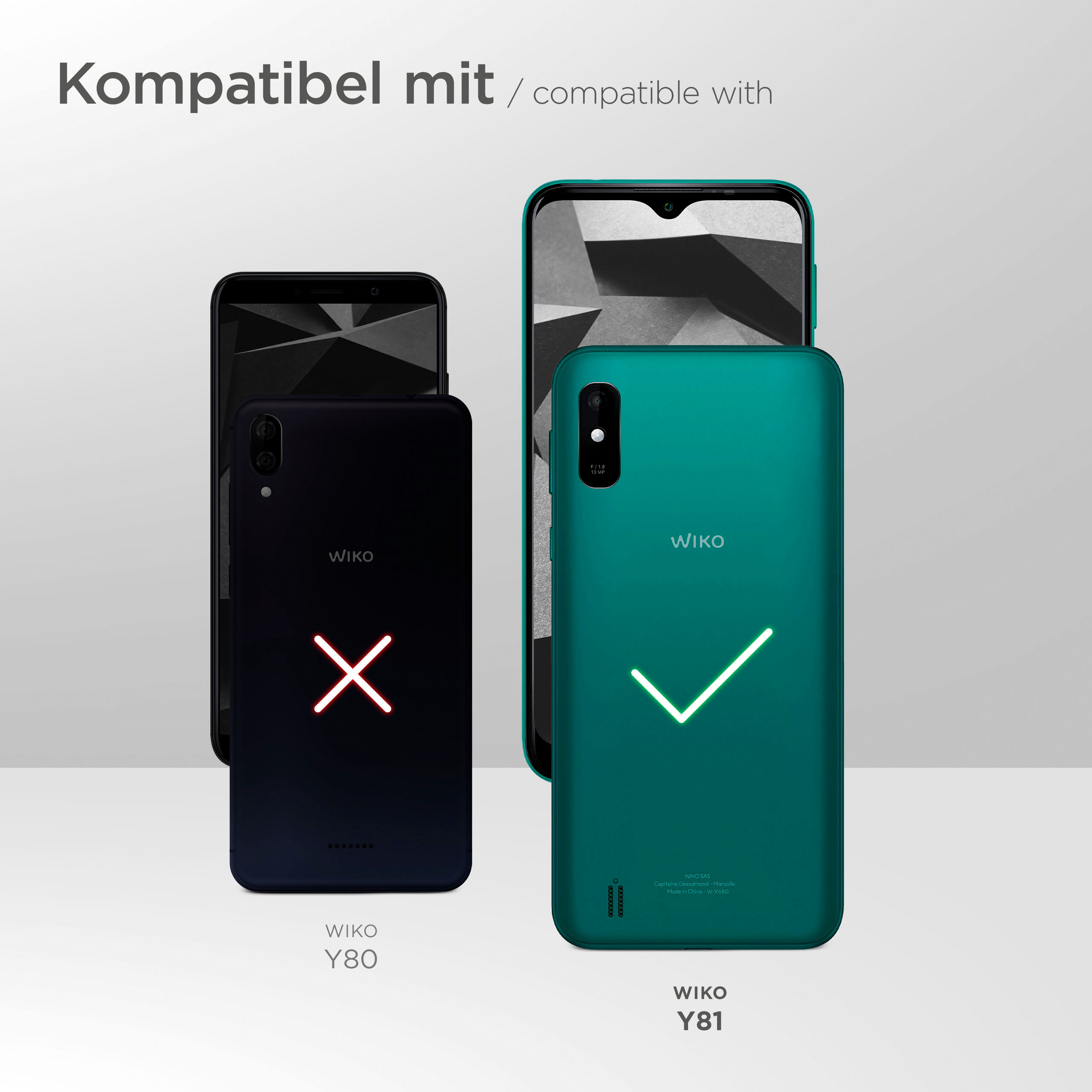 Drei Smartphones. Ein schwarzes Telefon mit rotem X und ein grünes Telefon mit einem Häkchen.