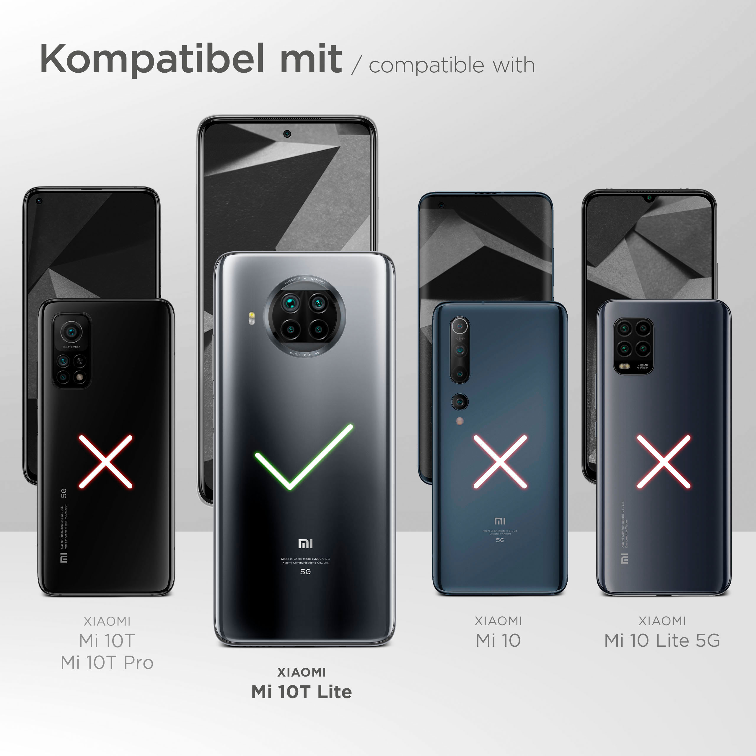 Bild zeigt verschiedene Telefone mit Häkchen und Kreuzen. Text: Kompatibel mit Xiaomi Mi 10T Lite.