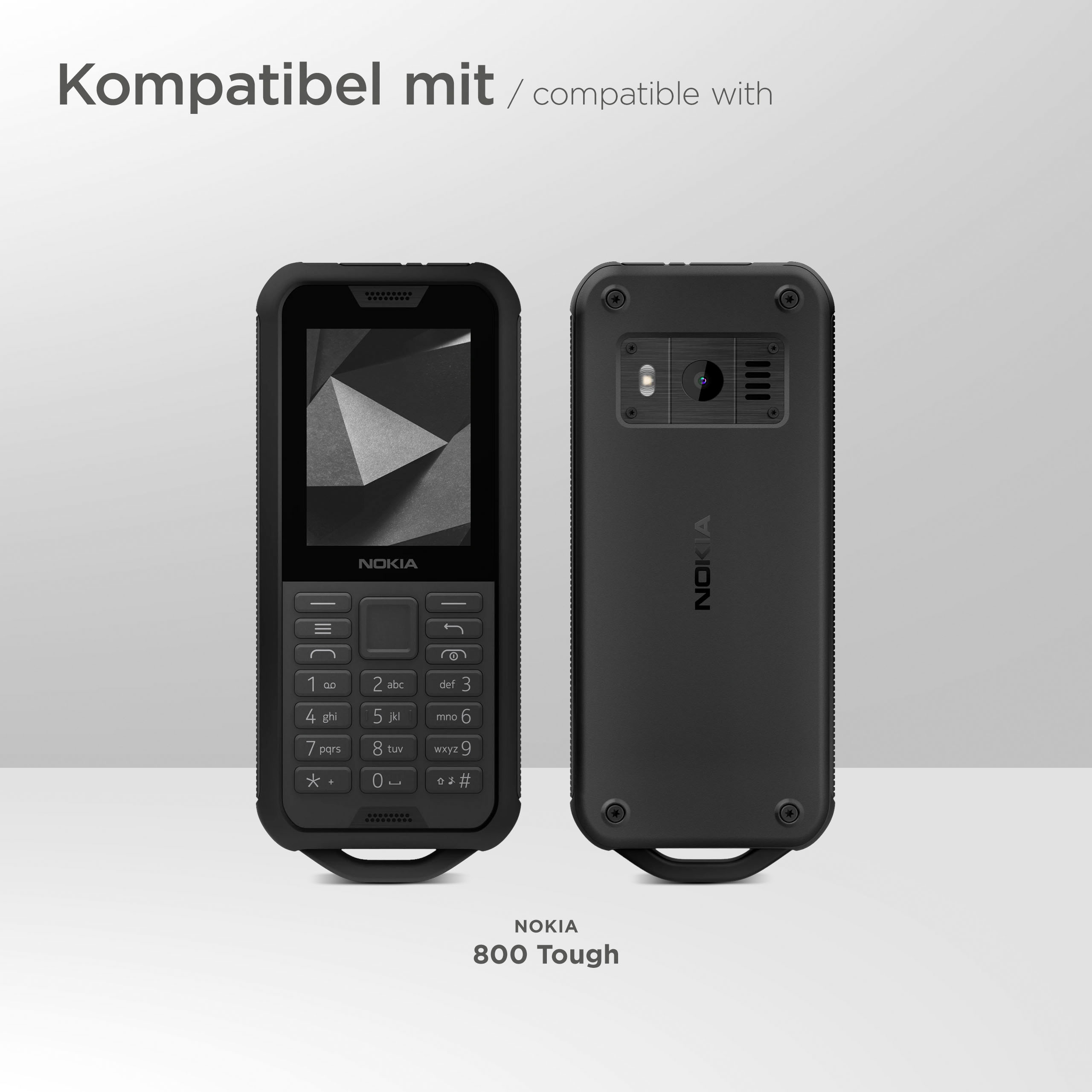 Schwarzes Nokia 800 Tough Telefon, Vorder- und Rückansicht. Weißer Hintergrund.