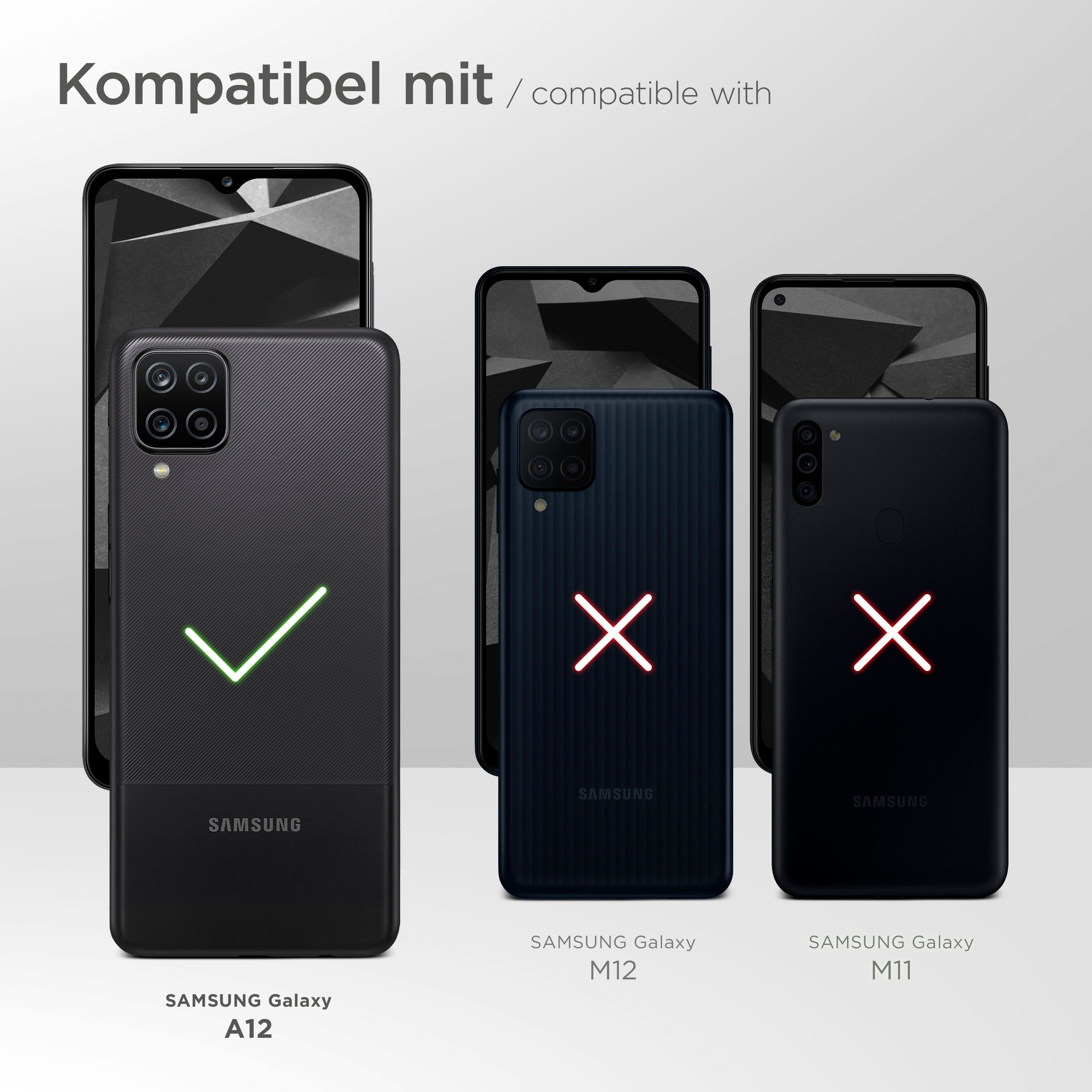 Das Bild zeigt drei Telefone mit Hüllen. Das Samsung A12 ist kompatibel, M12 und M11 nicht.