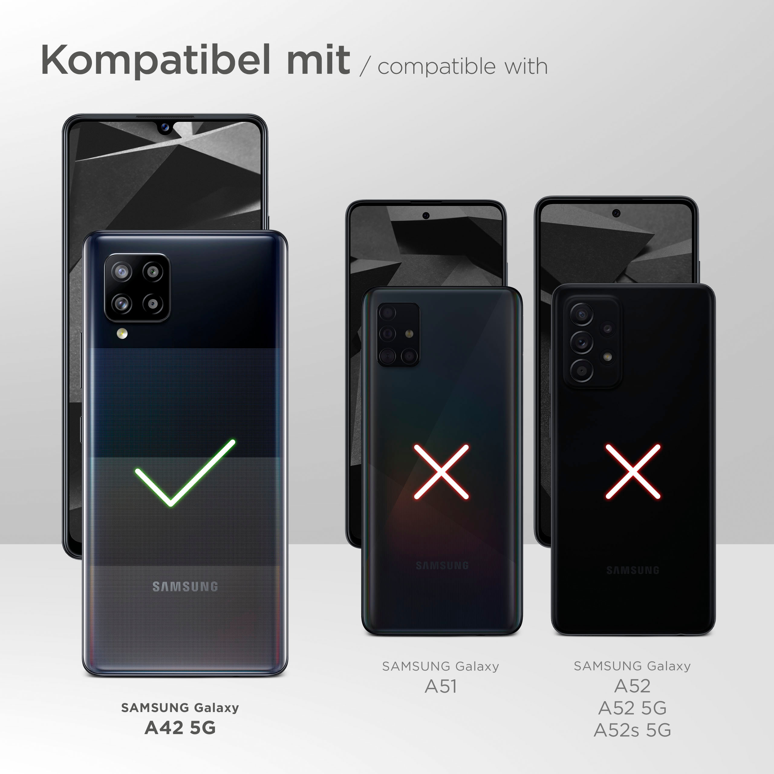 Bild zeigt kompatible Samsung-Telefone: A42 5G (geprüft), A51 (X), A52/5G/52s (X).
