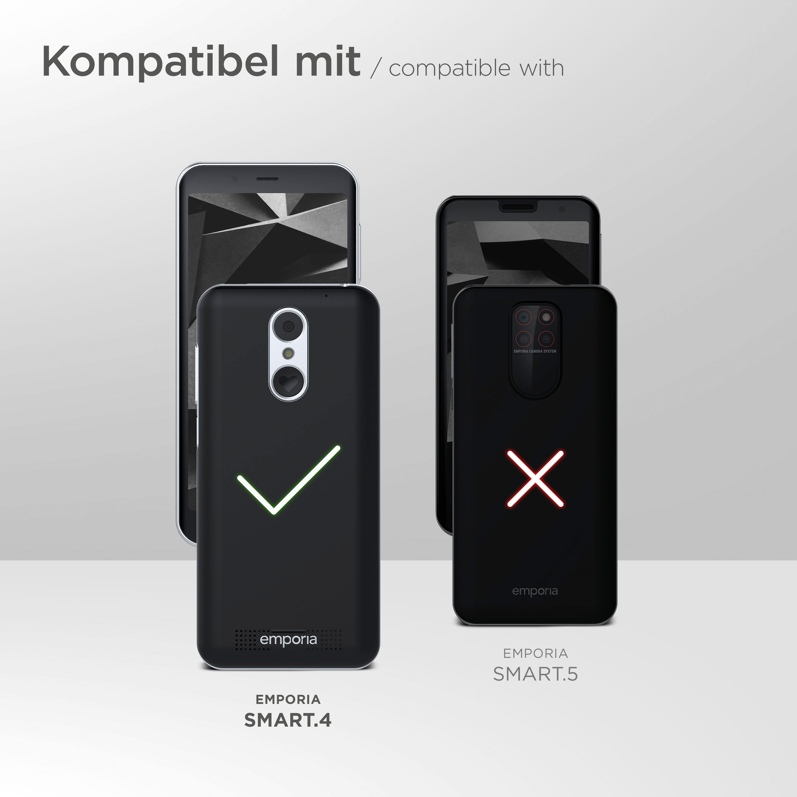 Zwei Telefone mit Handyhüllen, eines mit Häkchen, das andere mit X. Text oben lautet: Kompatibel mit.