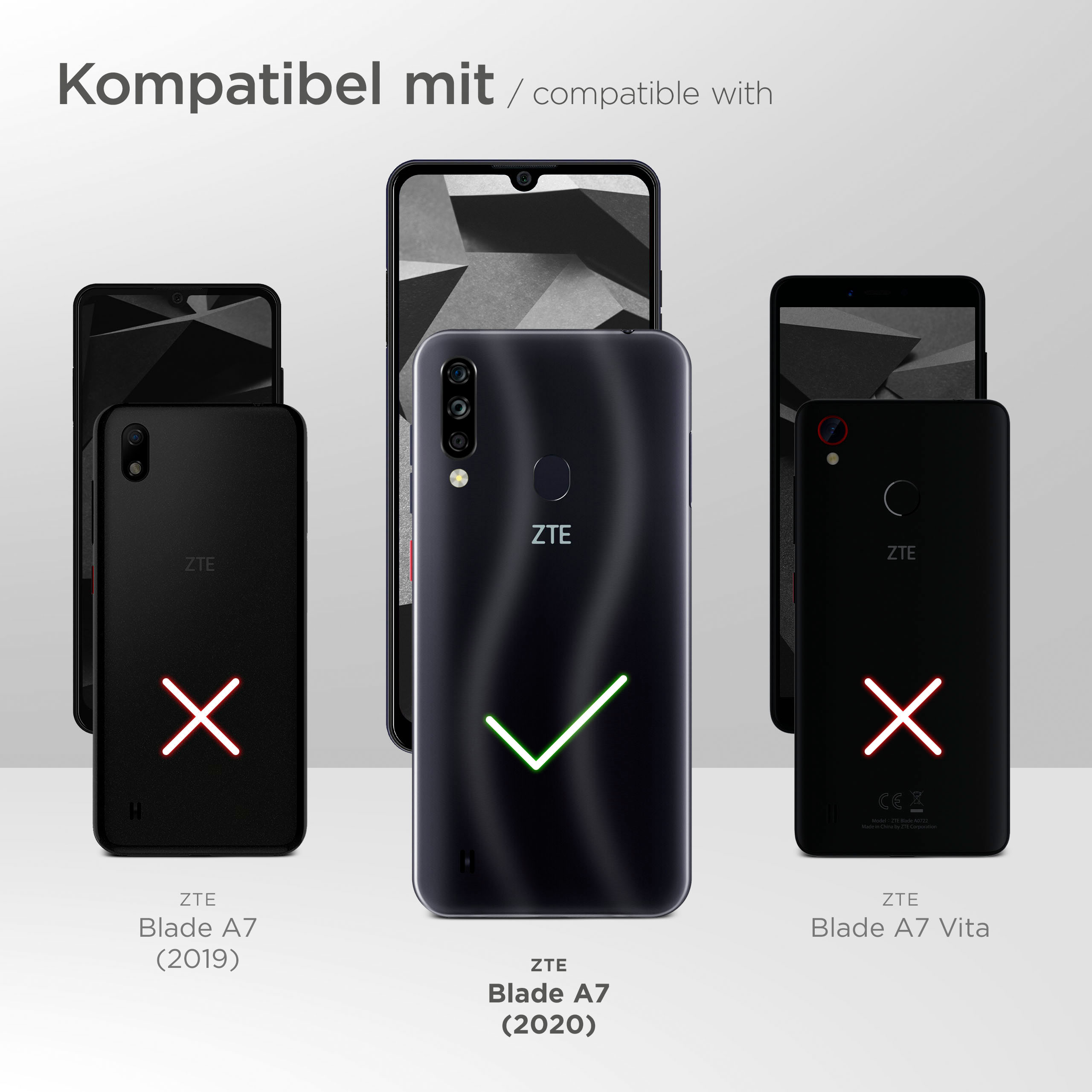 Drei Telefone. Das mittlere ist grün mit einem Häkchen, andere haben rote X-Markierungen.