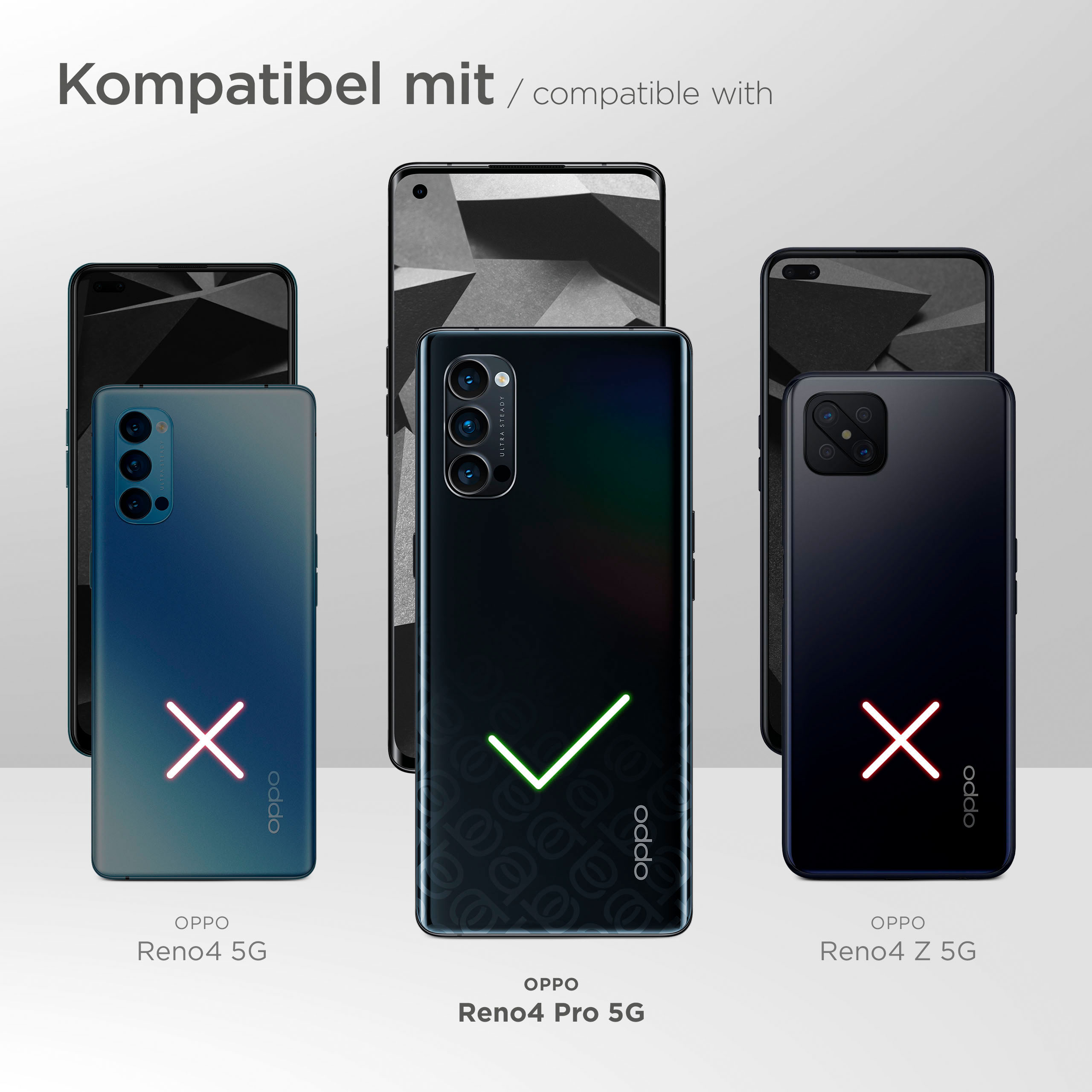 Drei Smartphones, zwei mit Kreuzen, eines kompatibel. Text: 'Kompatibel mit' und 'Oppo'.