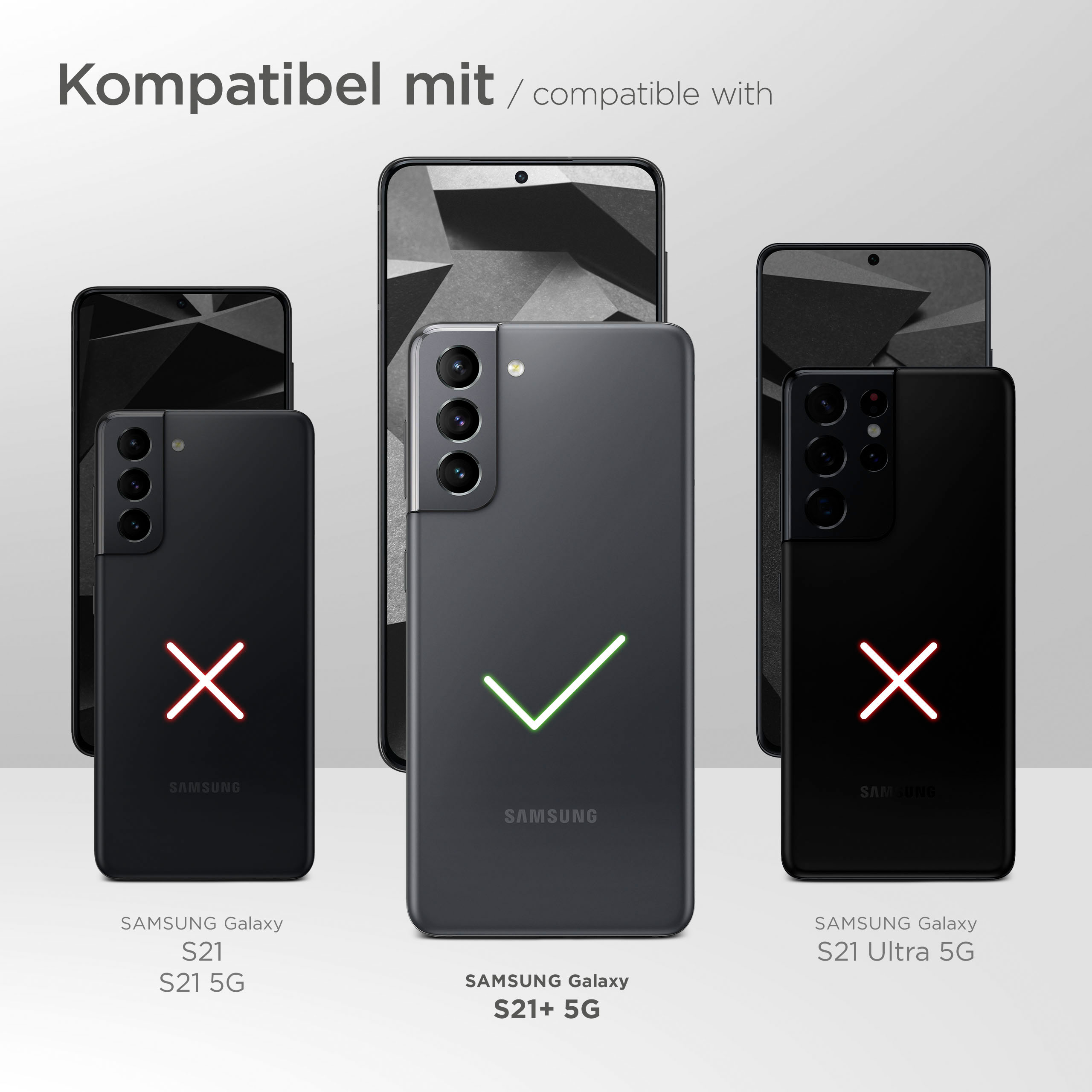 Bild mit drei Handys mit Samsung-Logo. Nur ein Handy ist mit dem Produkt kompatibel.