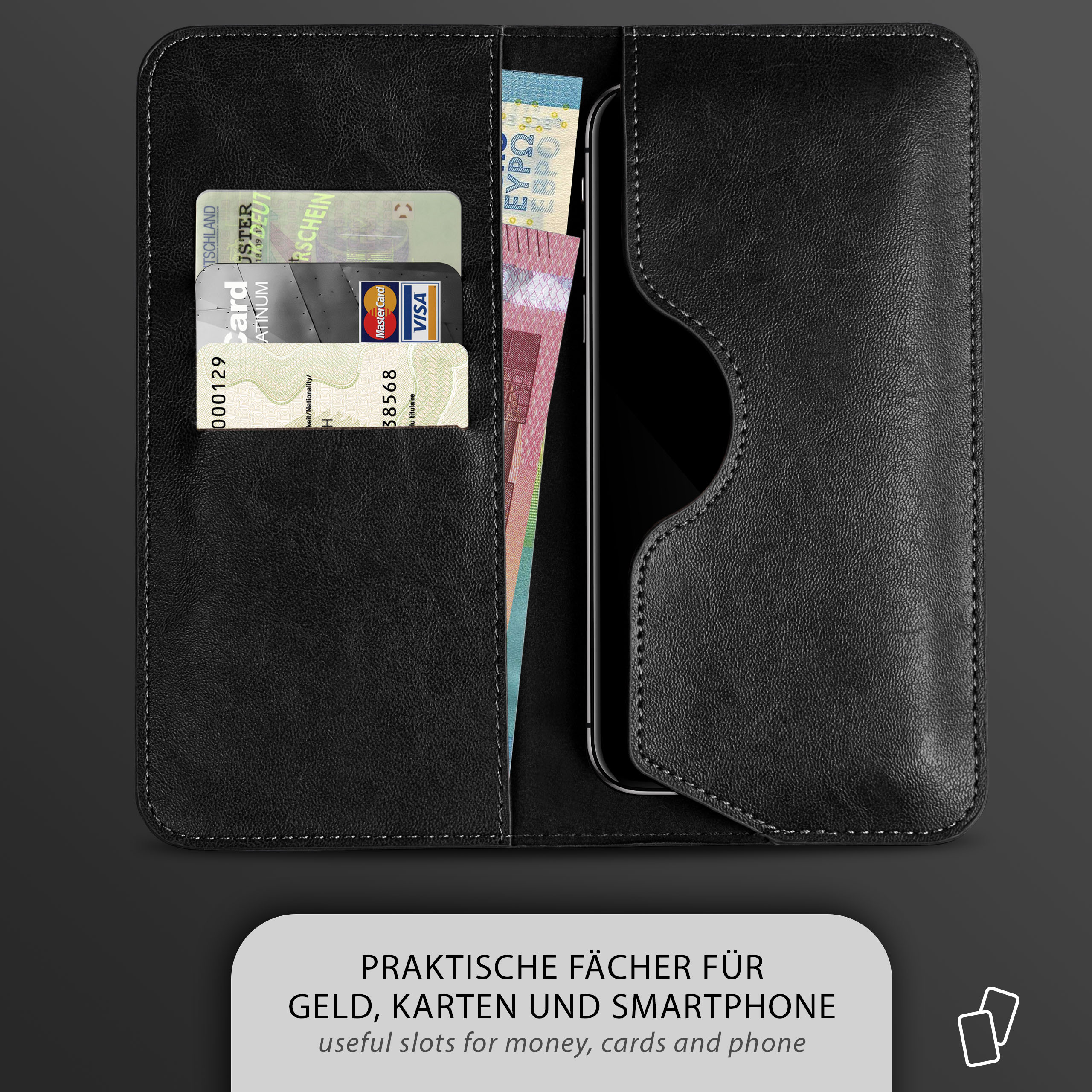 Eine offene schwarze Lederbrieftasche mit Geld, Karten und einem Telefon. Der Text lautet 'PRAKTISCHE FÄCHER'.