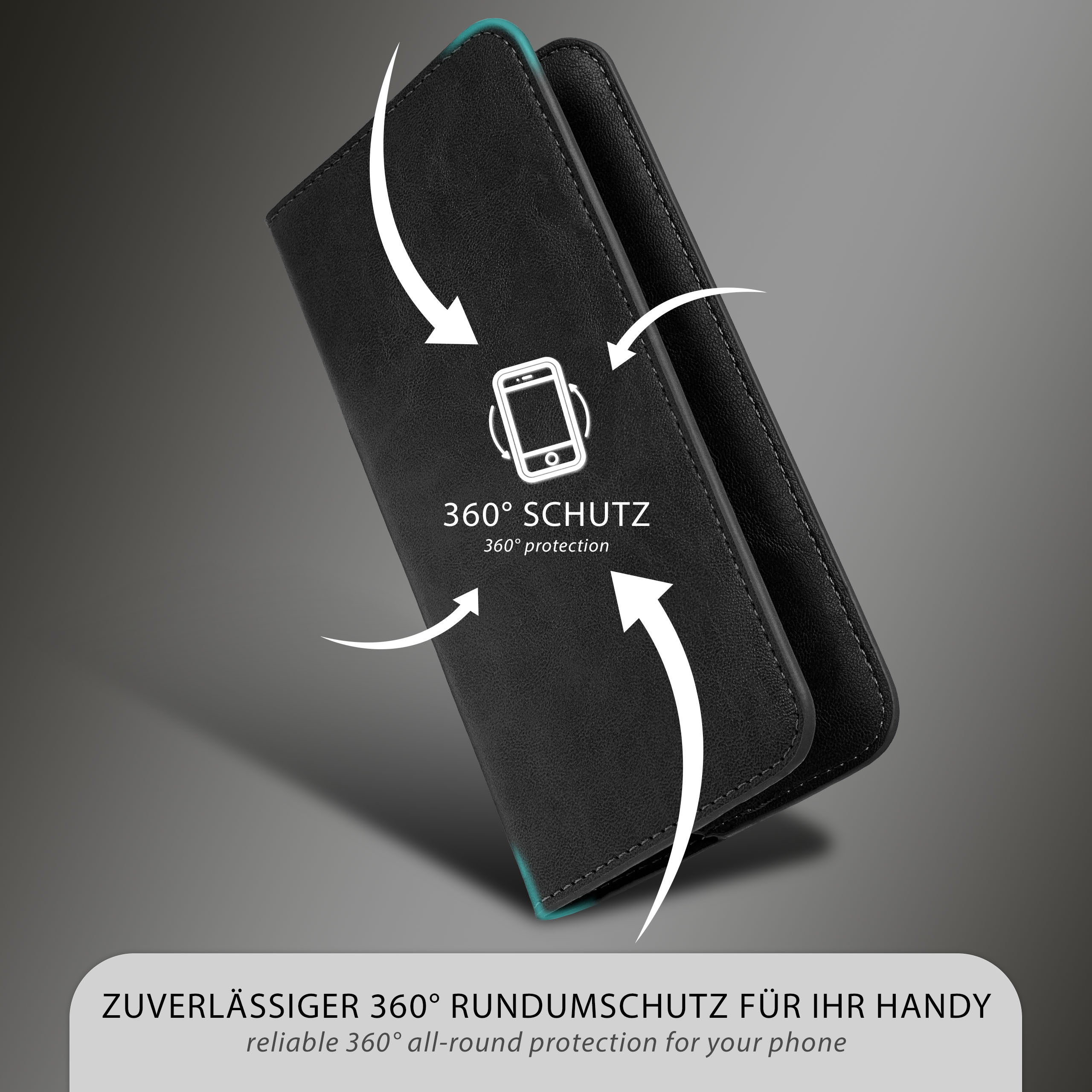 Schwarze Handyhülle mit Pfeilen, einem Telefonsymbol und den Worten 360° Schutz.