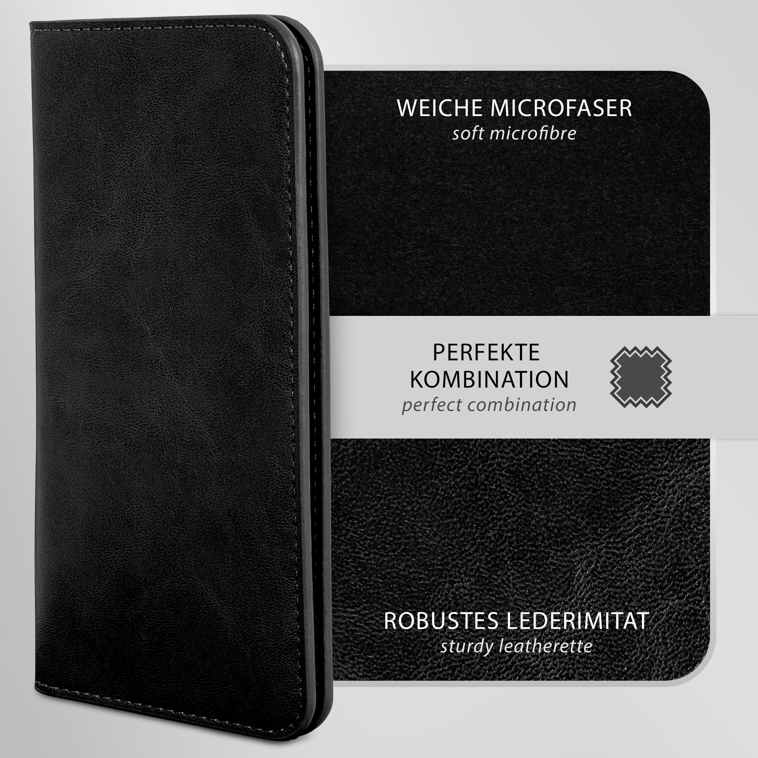 Schwarze Leder-Handyhülle, geöffnet, zeigt weiche Mikrofaser und ein Etikett mit Text.