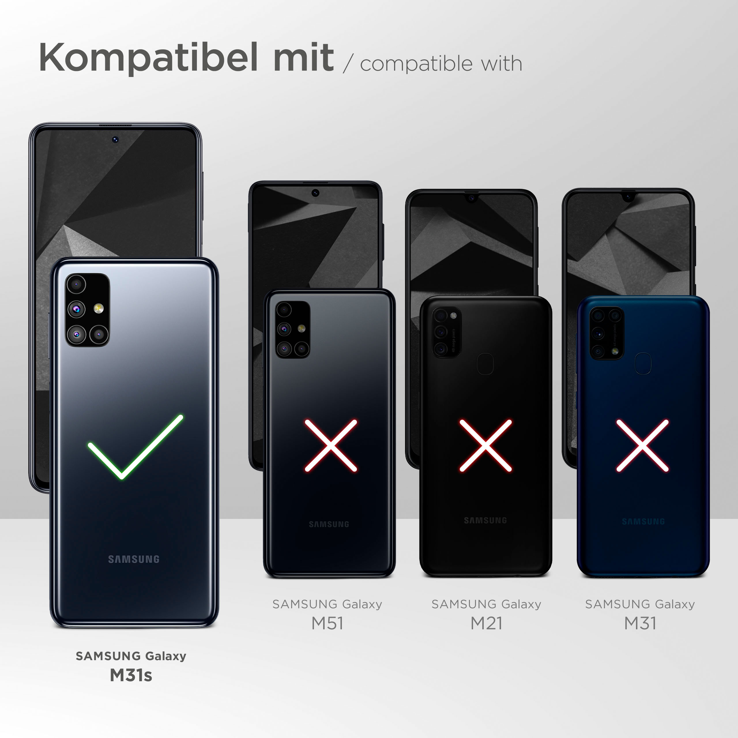 Das Bild zeigt kompatible Samsung-Telefone mit einem Häkchen für M31s und Kreuzen für andere.