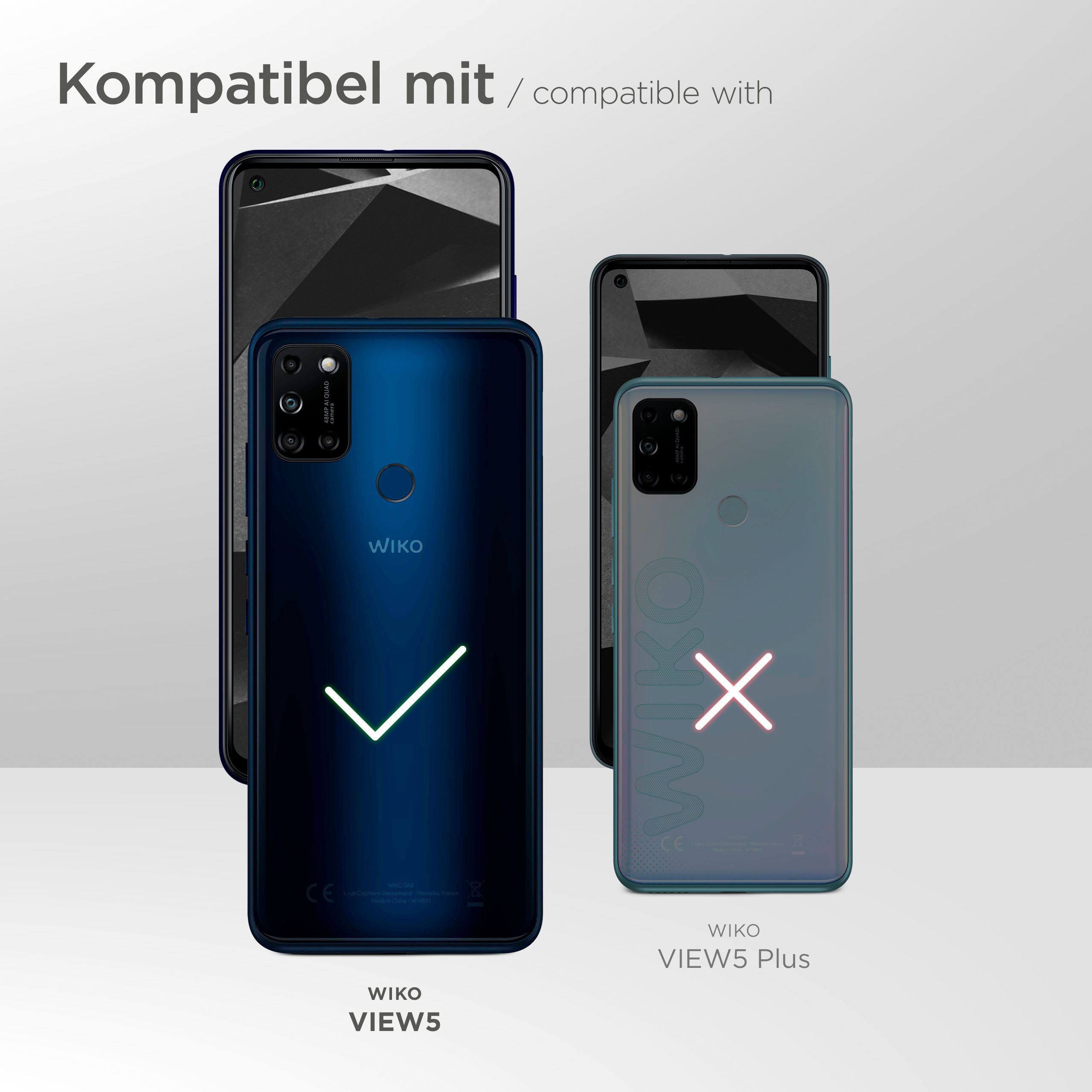 Zwei Telefone werden gezeigt, eines blau und eines grau. Ein grünes Häkchen und ein rotes X zeigen die Kompatibilität an.