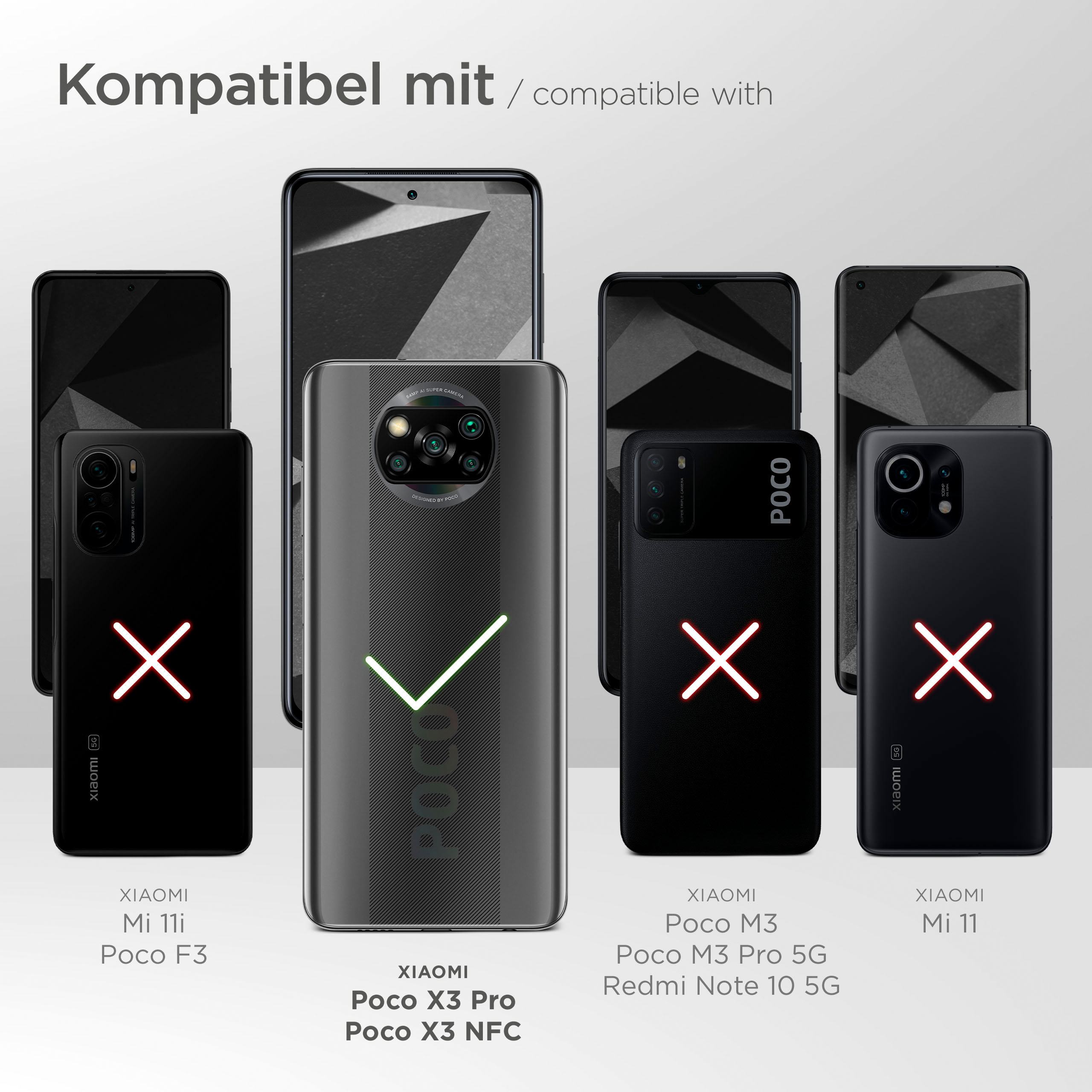 Das Bild zeigt Telefone mit Hüllen. Ein Telefon hat ein Häkchen, andere ein X.