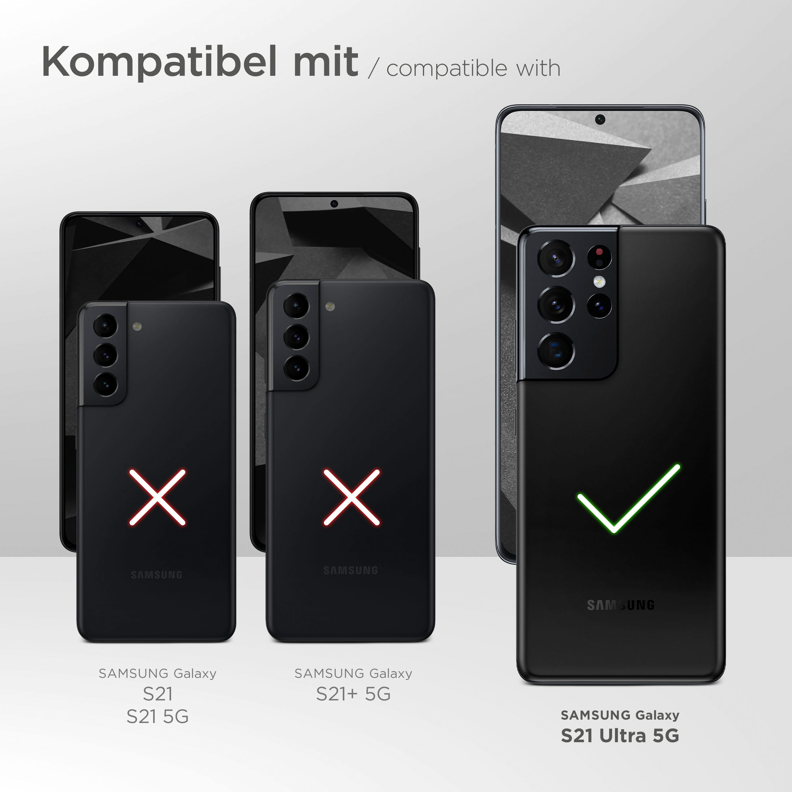 Telefonhüllen mit Text: Kompatibel mit. Drei Telefone mit unterschiedlichem Design. Grünes Häkchen.
