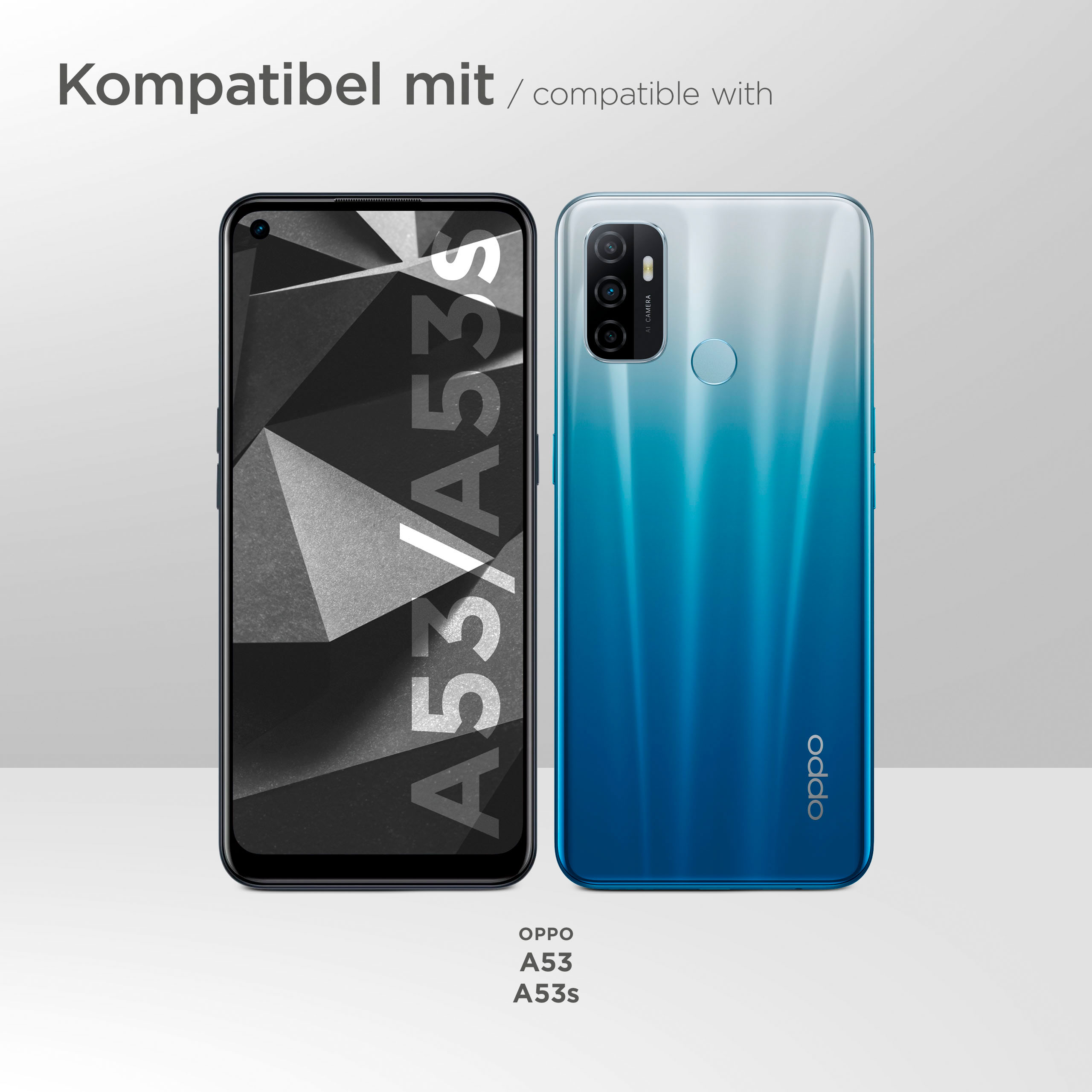Zwei Telefone, eines mit A53/A53s Text. Das andere ist blau und weiß Oppo.