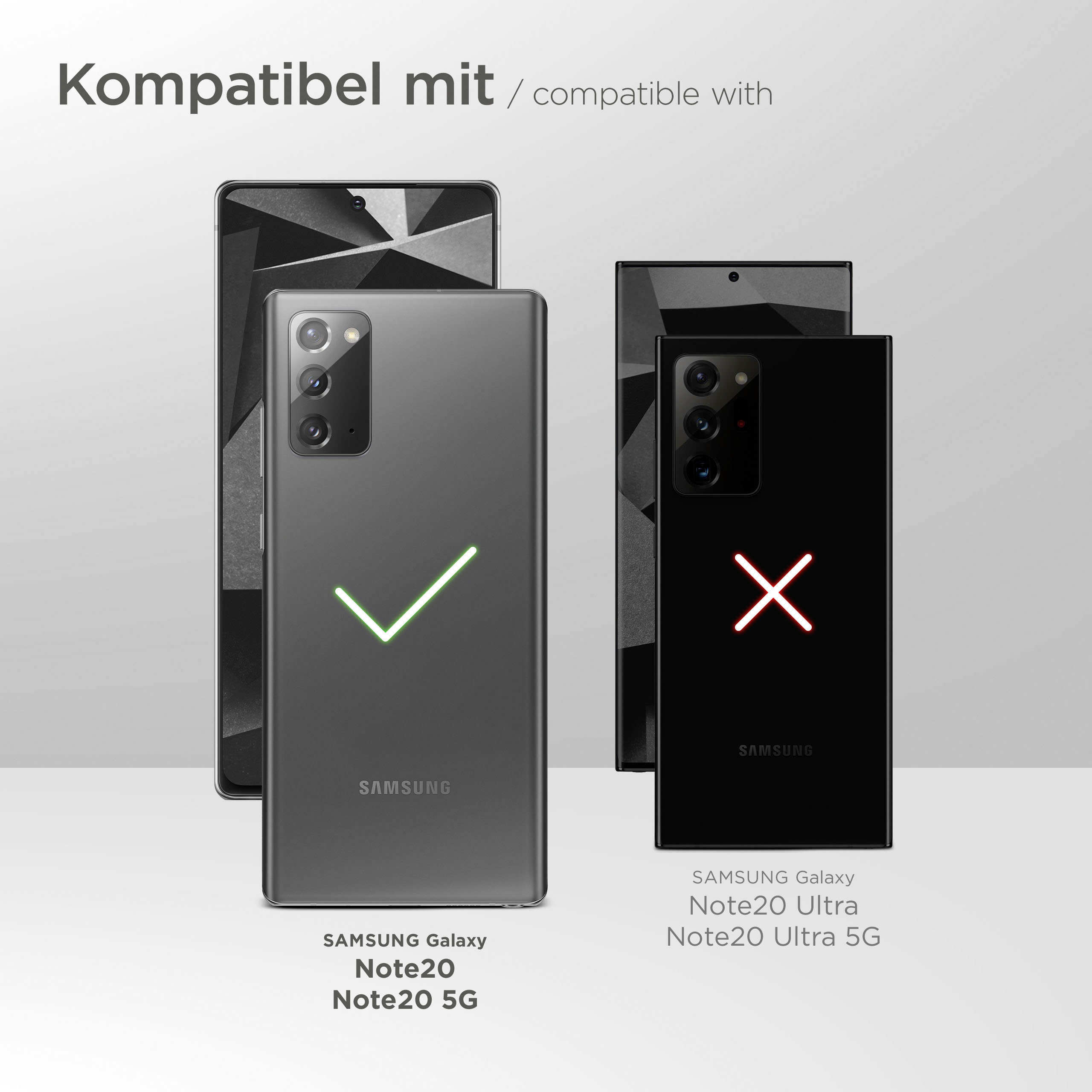 Telefone nebeneinander. Samsung Galaxy Note20 5G genehmigt, andere abgelehnt.