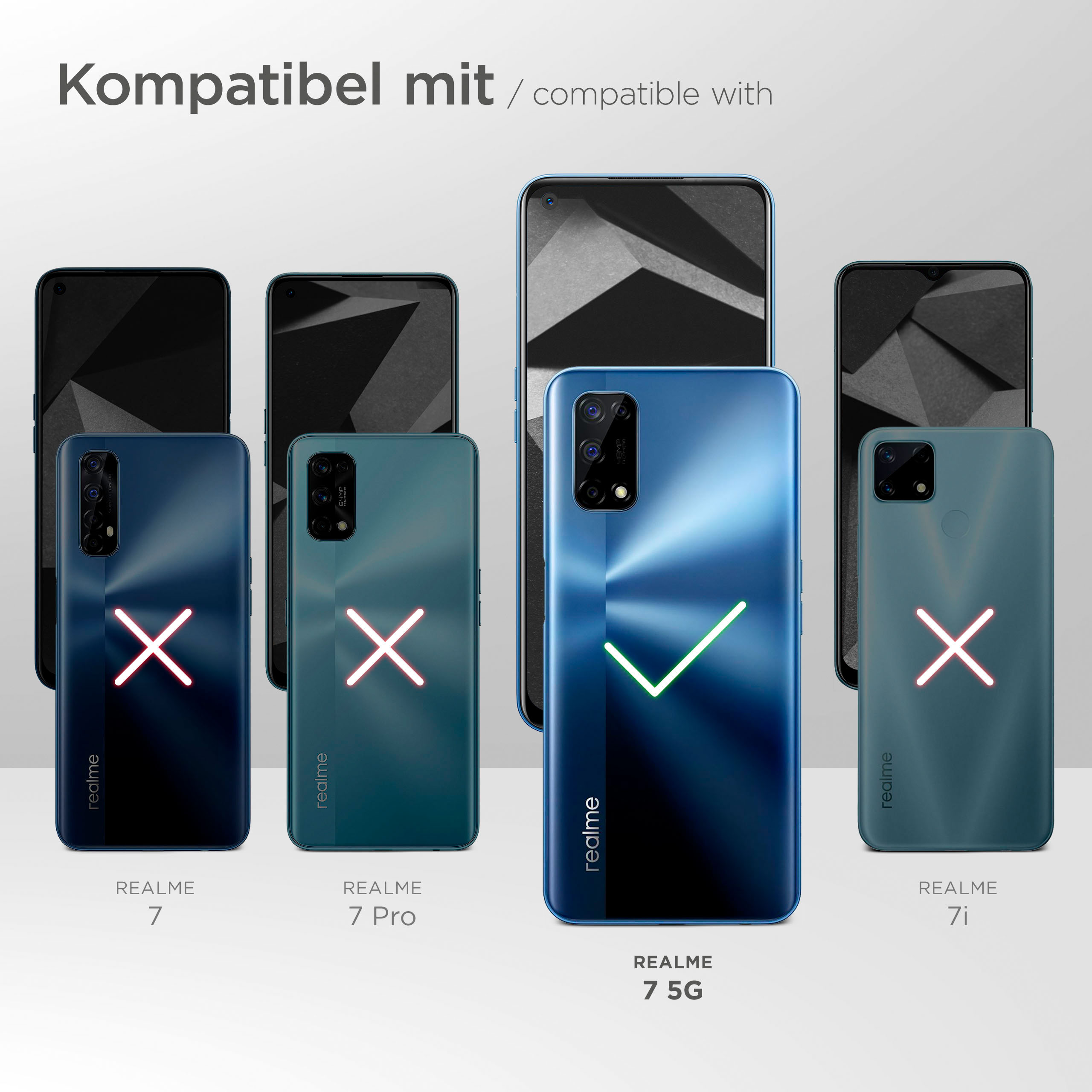 Das Bild zeigt vier Telefone mit Hüllen. Das Realme 7 5G ist kompatibel, andere nicht.
