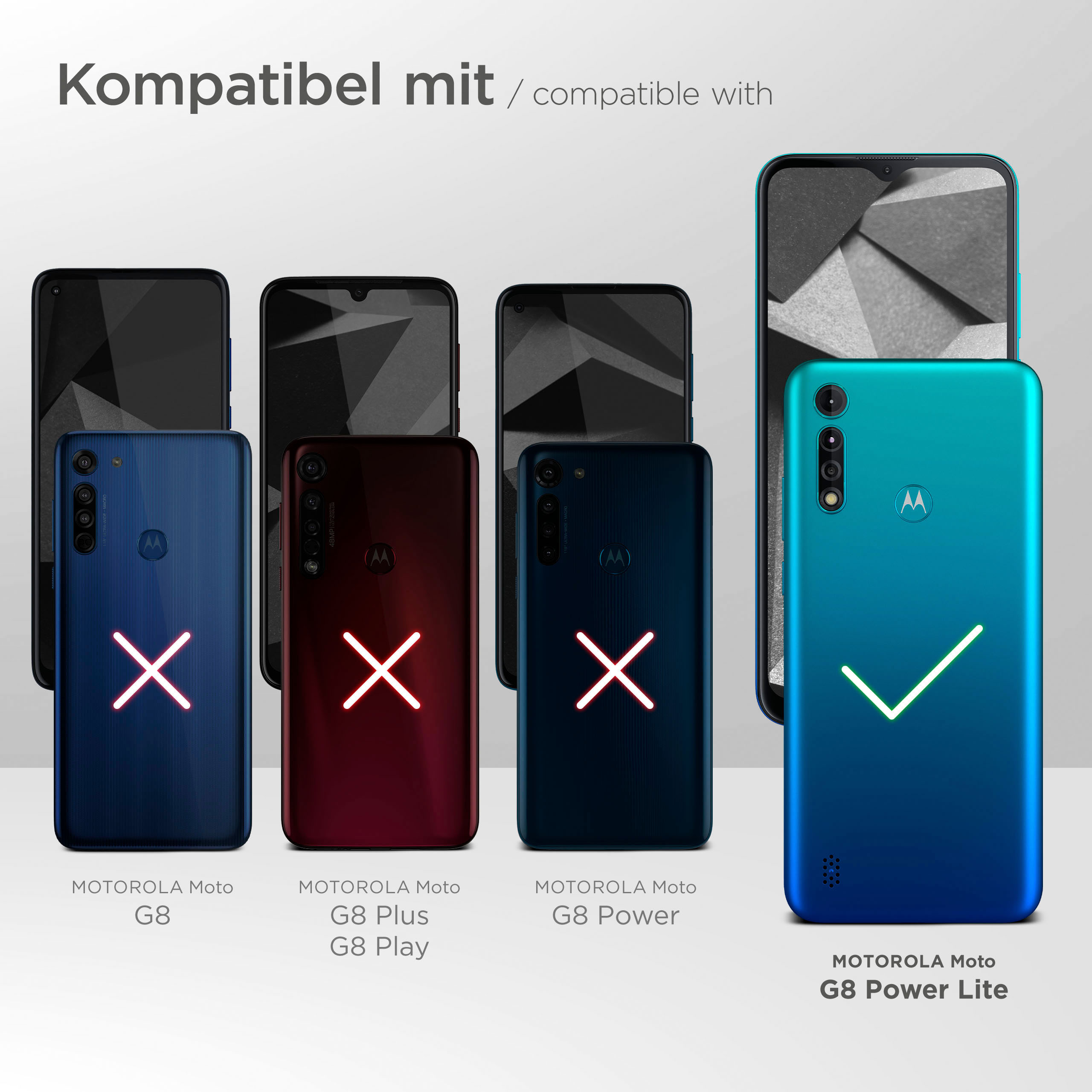 Grafik zur Telefonkompatibilität. Motorola G8 Power Lite ist kompatibel. Andere Modelle zeigen rote Kreuze.
