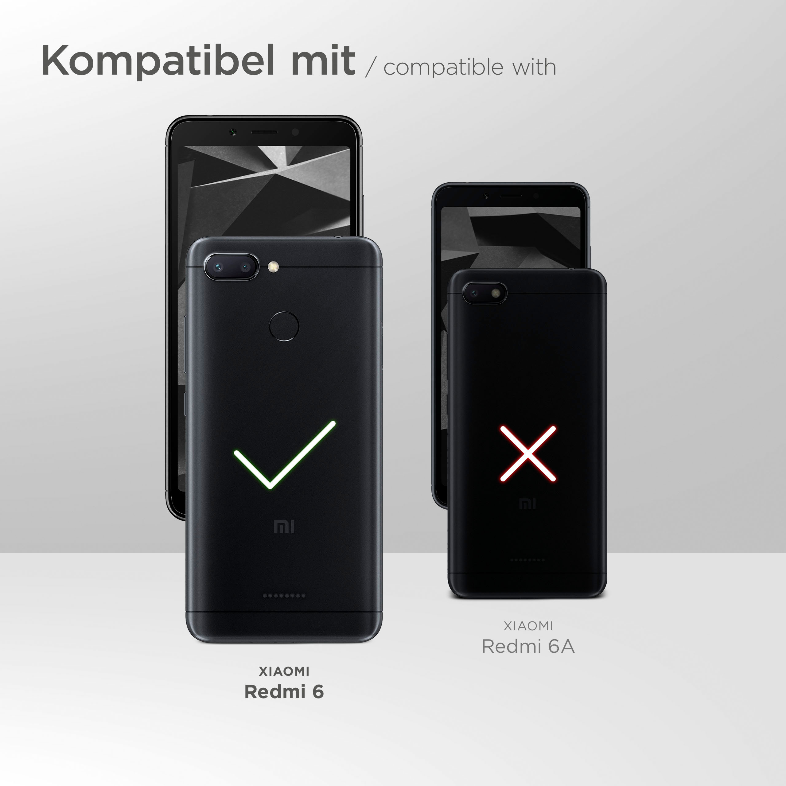 Handyhüllen-Kompatibilitätstabelle, zeigt Redmi 6 mit Haken und Redmi 6A mit X, auf weißem Hintergrund.