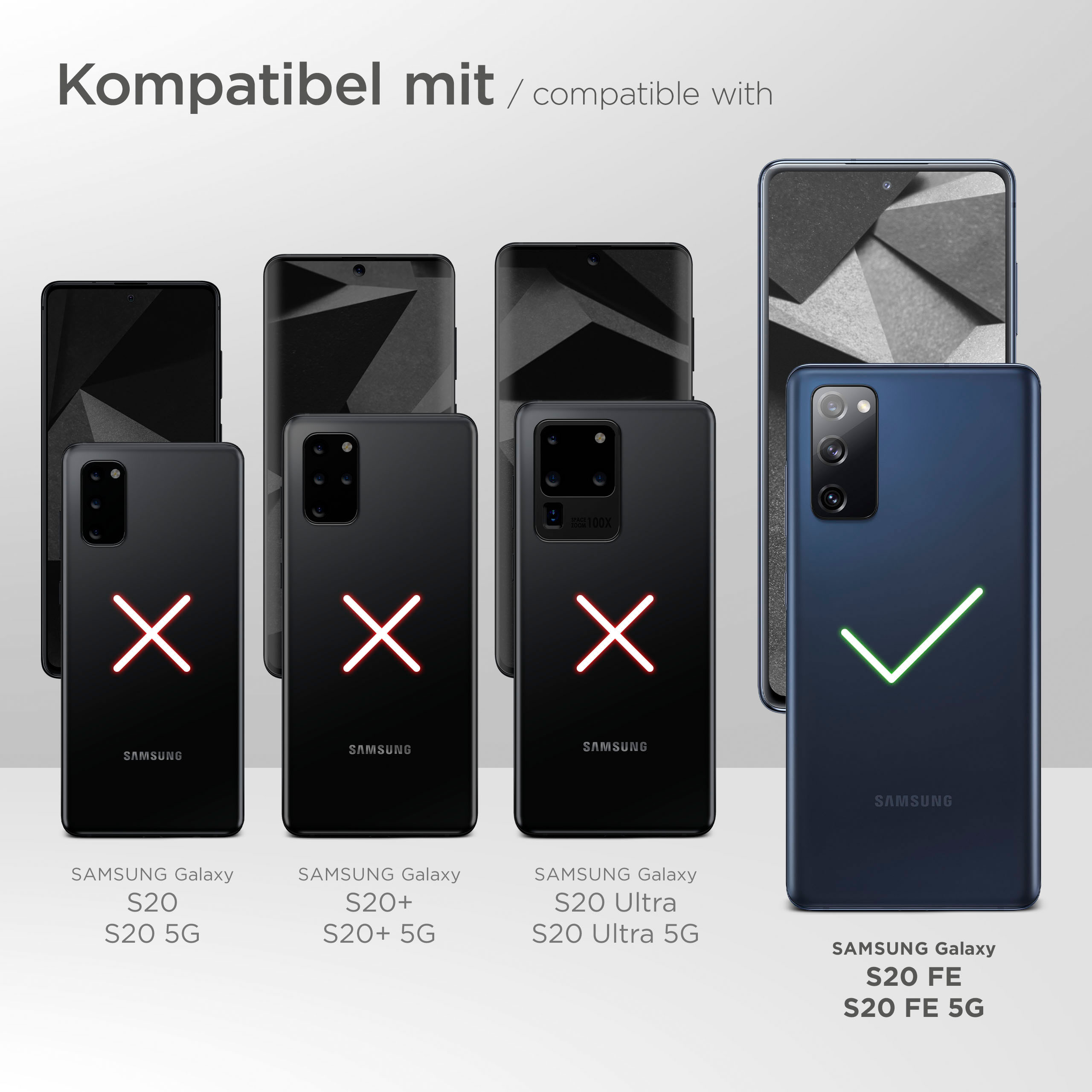 Telefone: Samsung Galaxy S20 FE hervorgehoben. S20, S20+ und S20 Ultra sind mit roten X markiert.