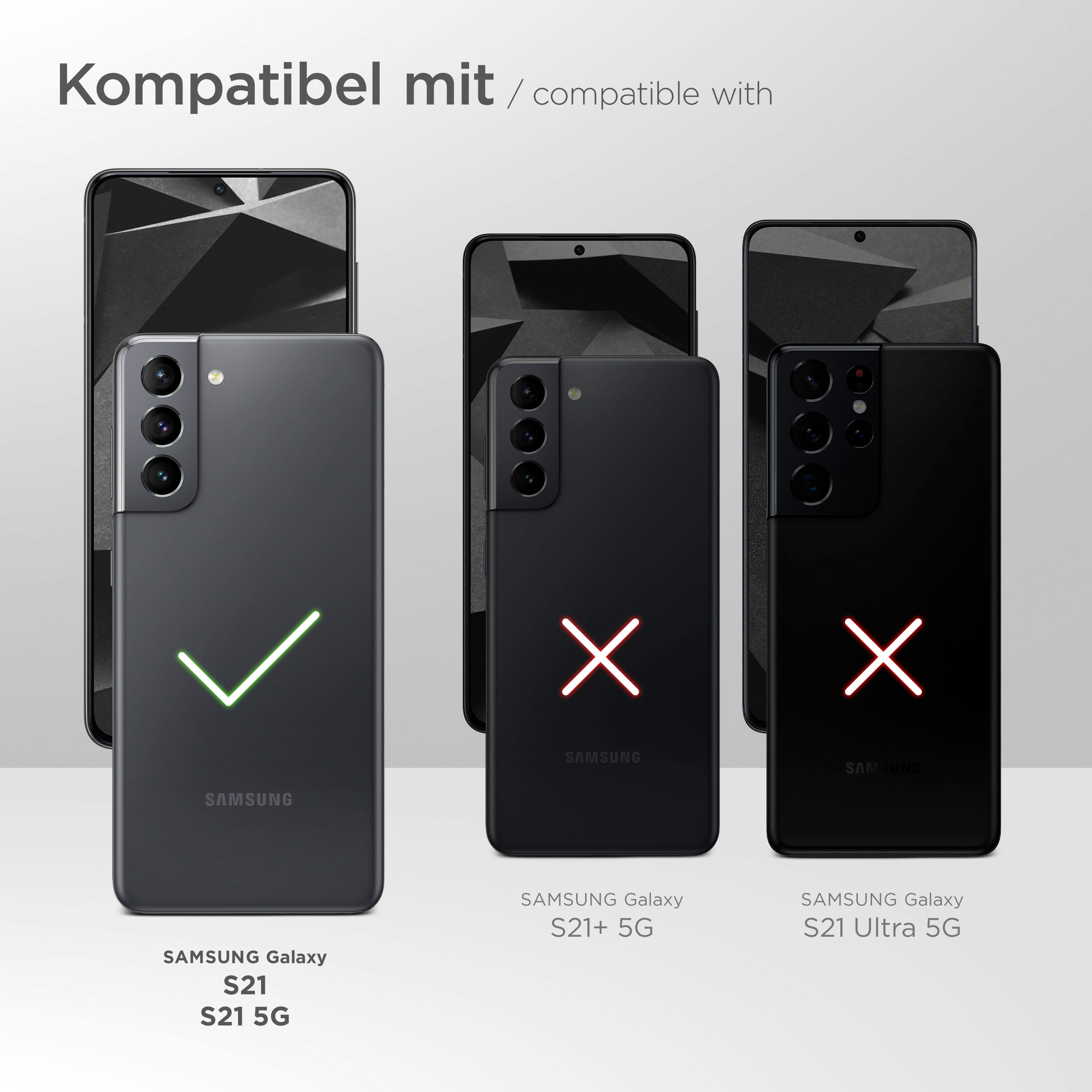 Drei Smartphones. Kompatibel mit S21, nicht mit S21+ 5G oder S21 Ultra 5G.