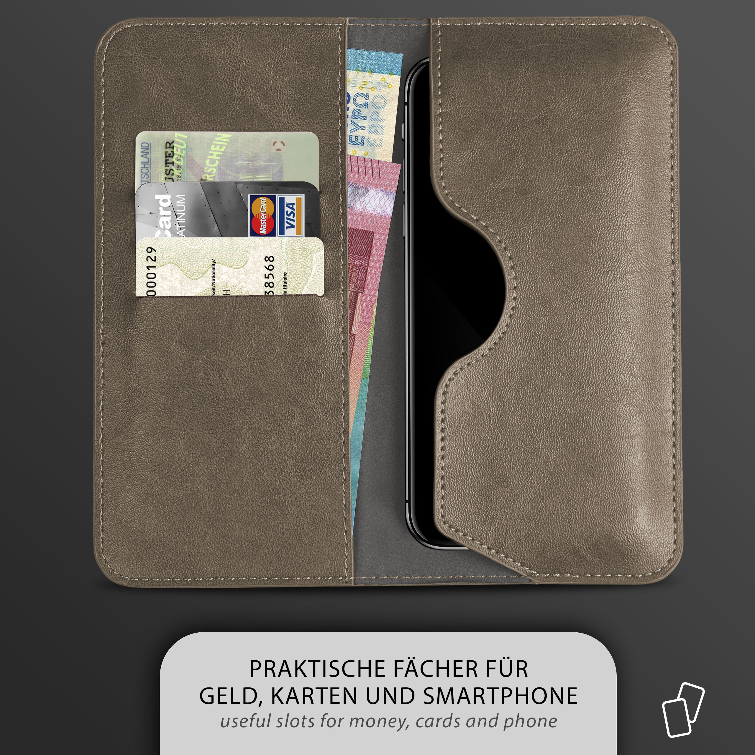Braune Leder-Handyhülle mit Karten, Geld und einem Telefon. Dunkler Hintergrund.