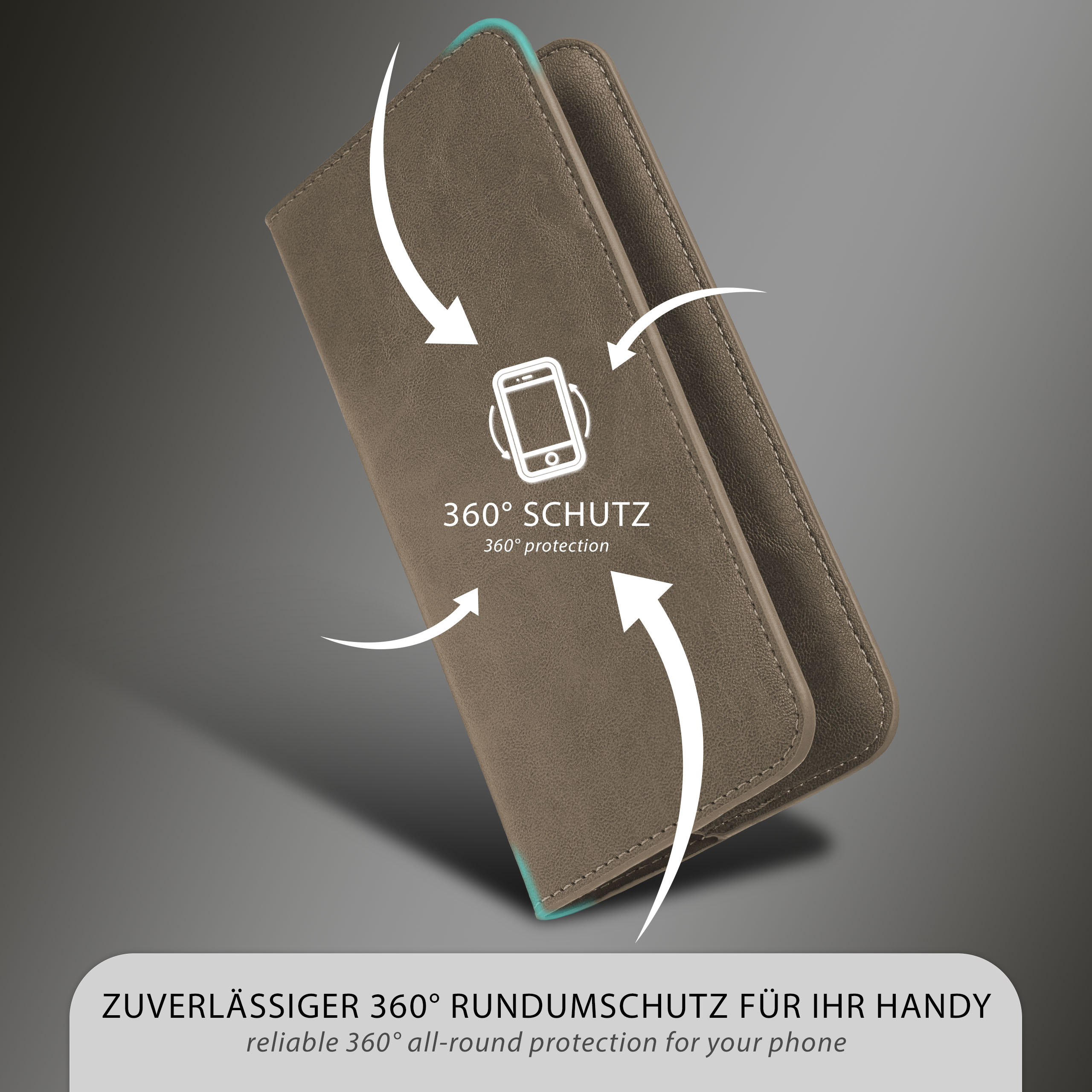 Braune Handyhülle geöffnet, mit Pfeilen, die 360° Schutz anzeigen, und Text.