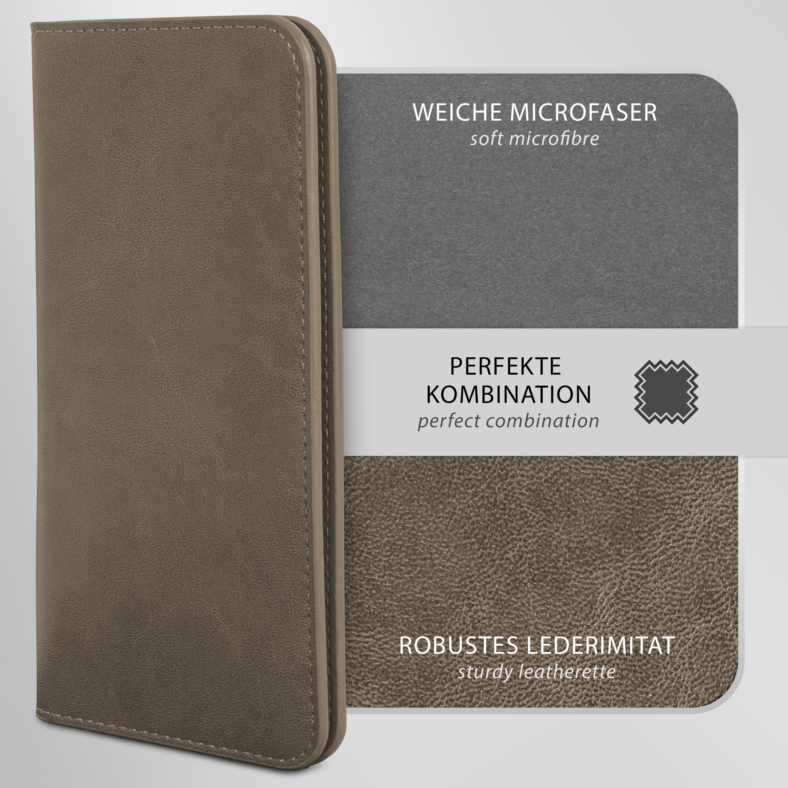 Braune Handyhülle mit Textur, mit weicher Mikrofaser und robusten Kunstlederdetails.